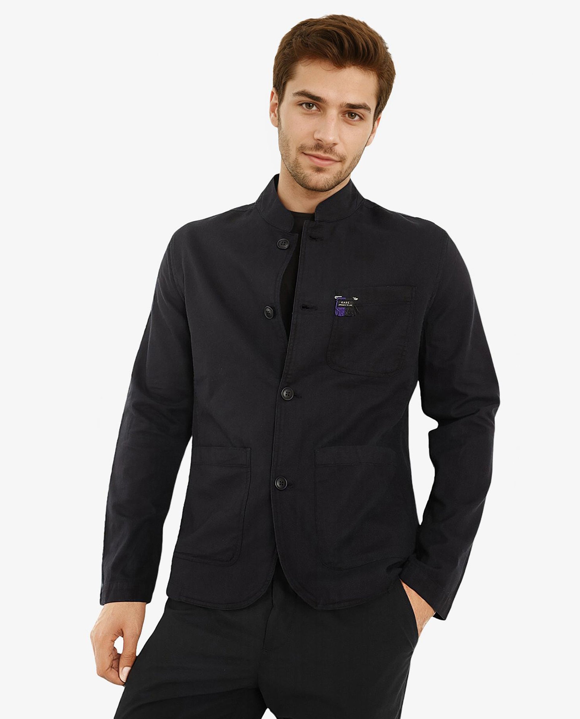 Rare Rabbit Men's Bastein Navy Cotton Fabric Full Sleeves Mandarin Collar Plain Relaxed Fit Jacket