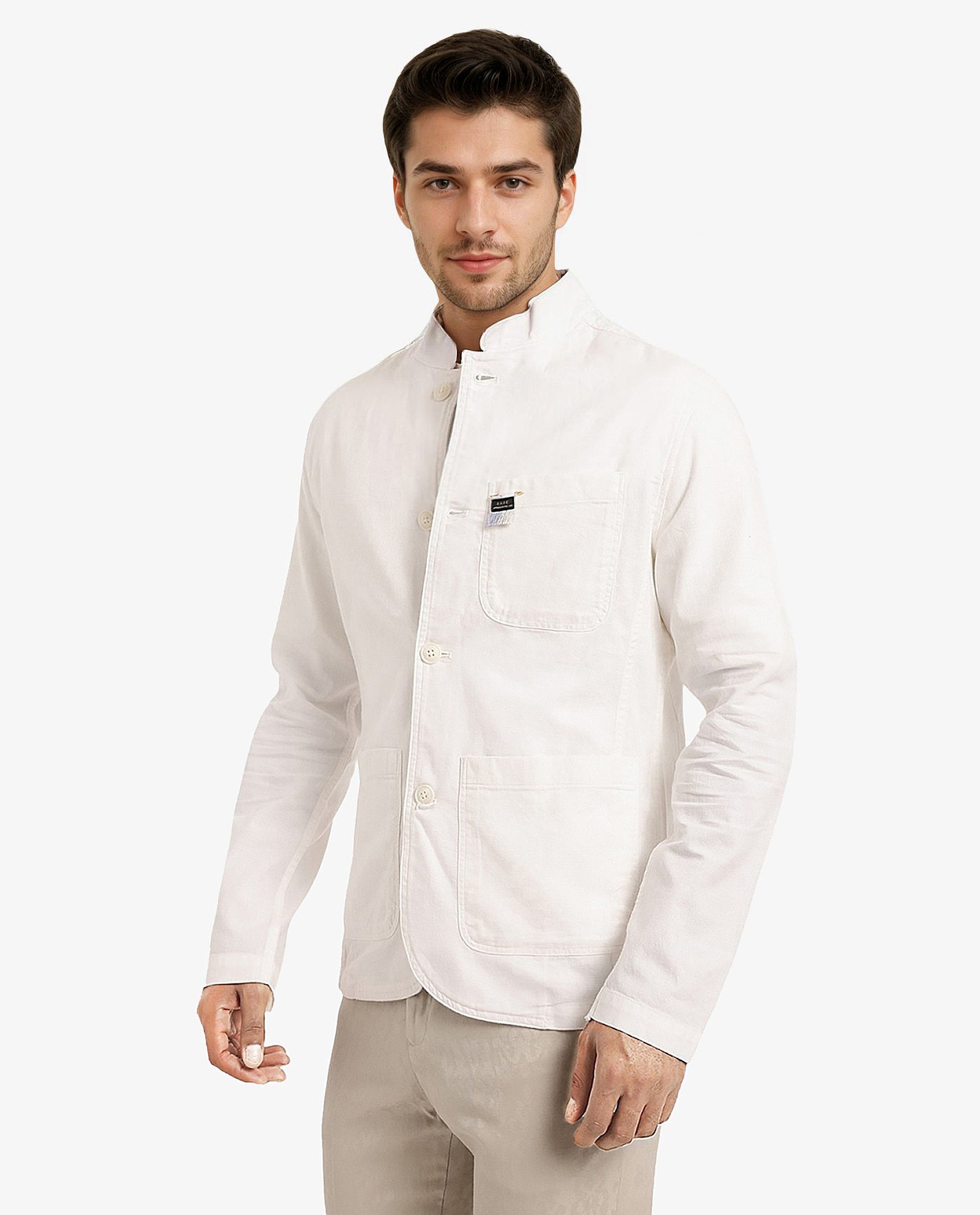 Rare Rabbit Men's Bastein Off White Cotton Fabric Full Sleeves Mandarin Collar Plain Relaxed Fit Jacket