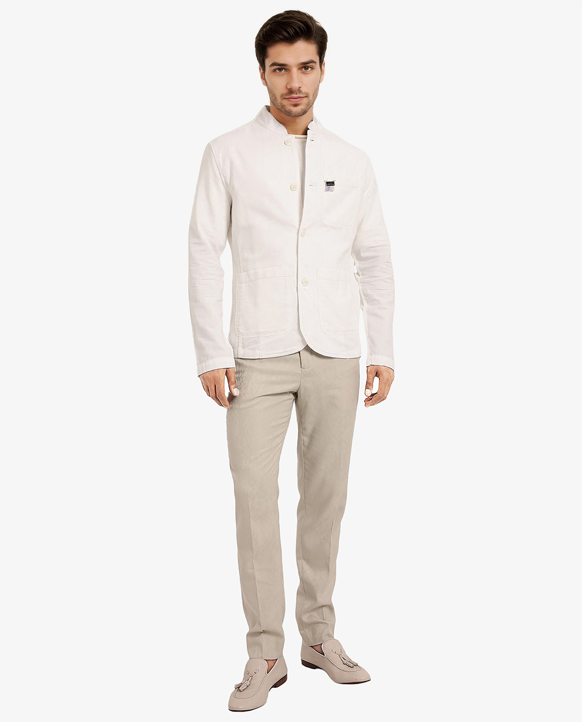Rare Rabbit Men's Bastein Off White Cotton Fabric Full Sleeves Mandarin Collar Plain Relaxed Fit Jacket