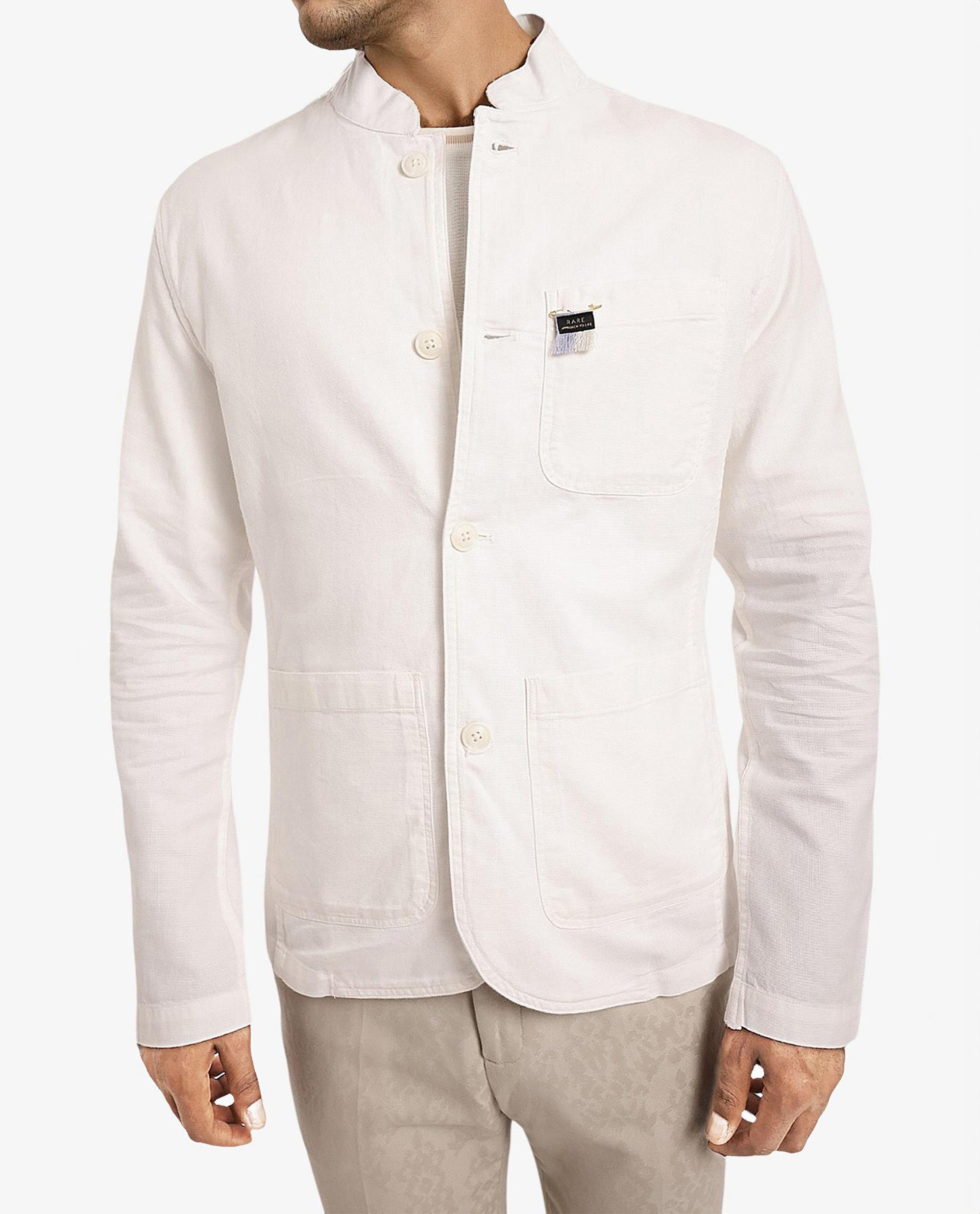 Rare Rabbit Men's Bastein Off White Cotton Fabric Full Sleeves Mandarin Collar Plain Relaxed Fit Jacket