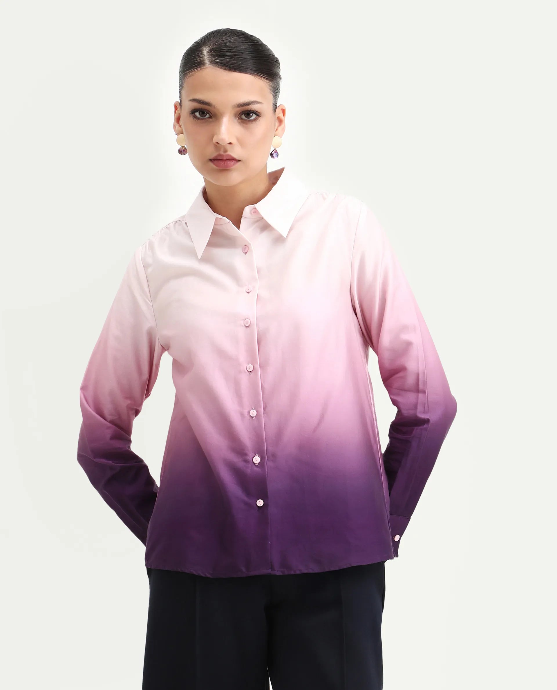 Rareism Women's Batim Purple Cotton Collared Neck Regular Fit Shirt