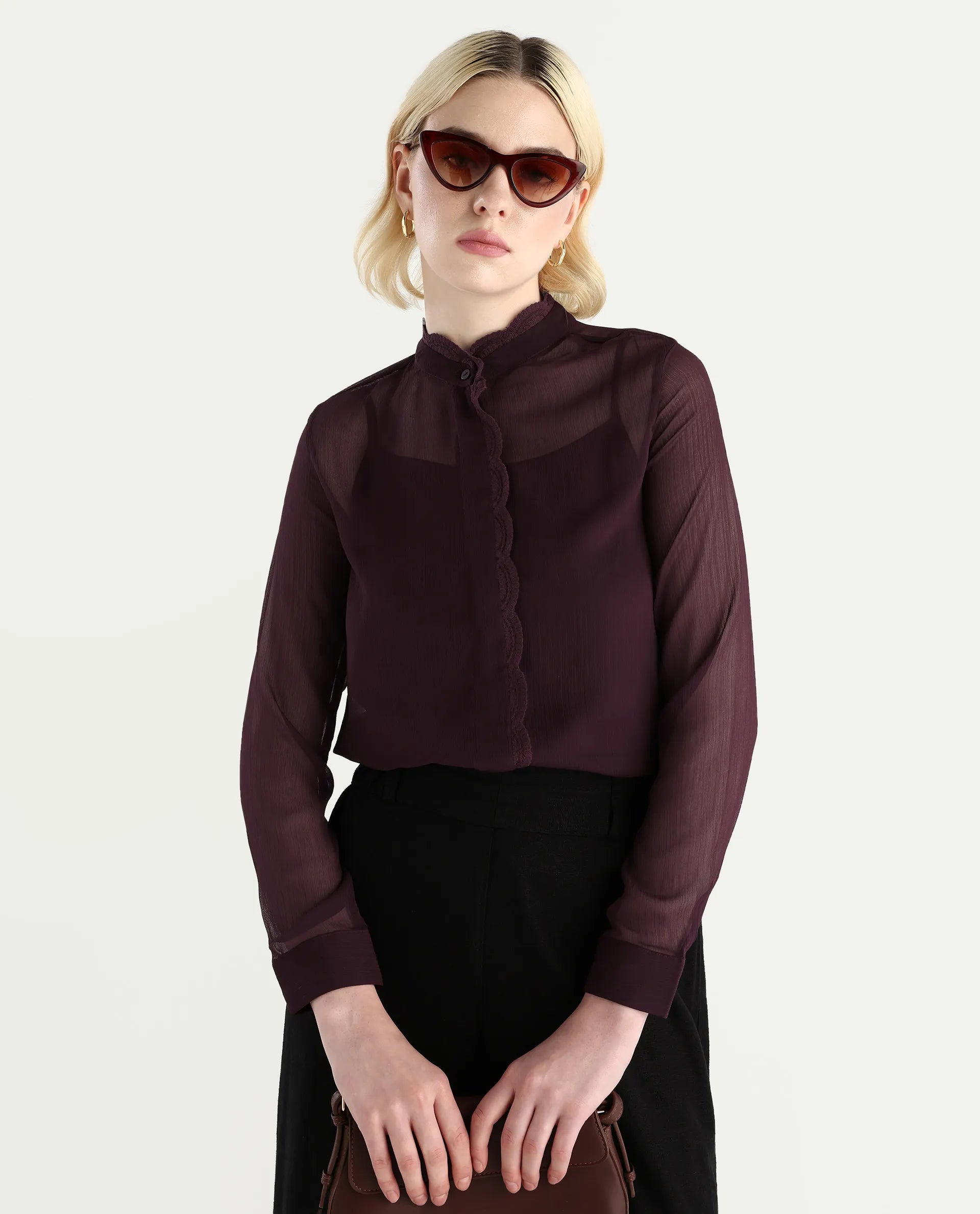 Rareism Women's Batmin Maroon Polyester Cuffed Sleeve Mandarin Collar Regular Fit Shirt