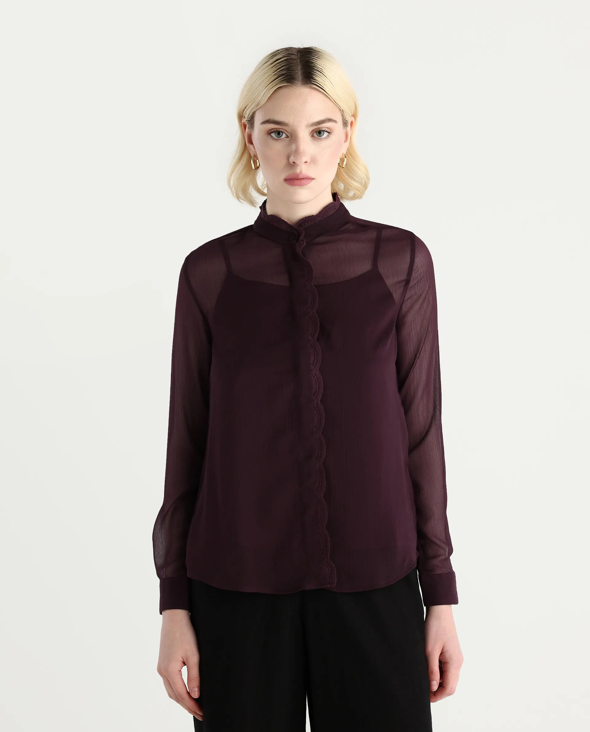 Rareism Women's Batmin Maroon Polyester Cuffed Sleeve Mandarin Collar Regular Fit Shirt