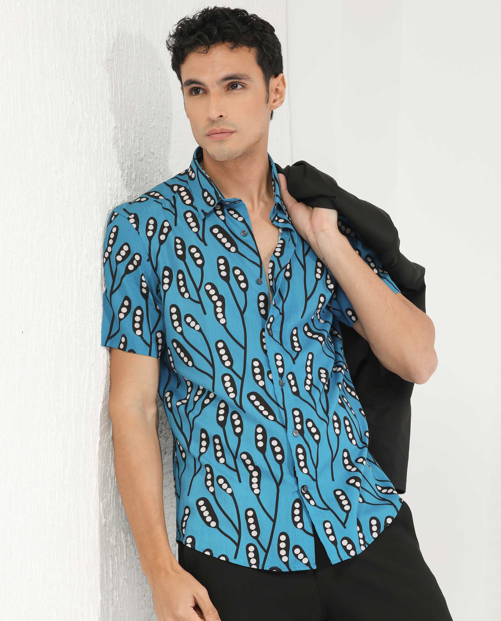 Rare Rabbit Men's Baton Blue Viscose Fabric Tropical Print Half Sleeves Shirt