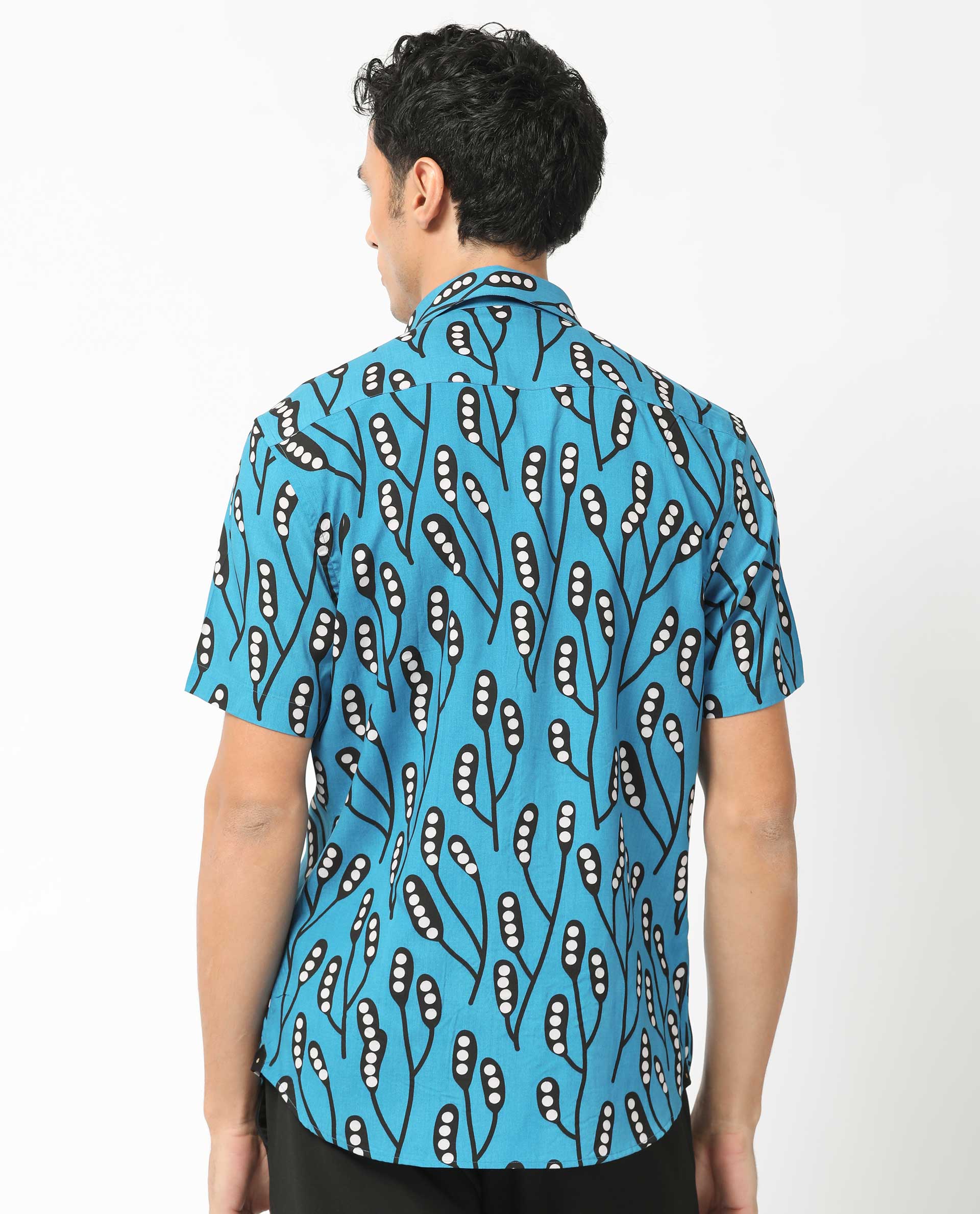 Rare Rabbit Men's Baton Blue Viscose Fabric Tropical Print Half Sleeves Shirt