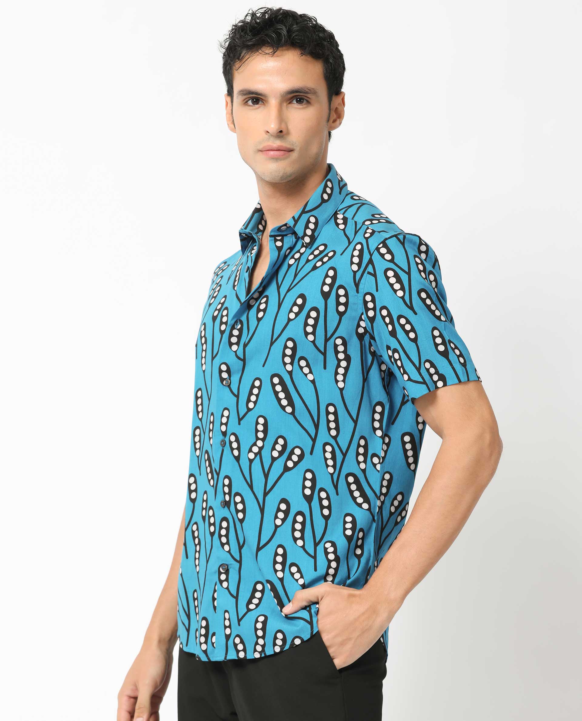 Rare Rabbit Men's Baton Blue Viscose Fabric Tropical Print Half Sleeves Shirt