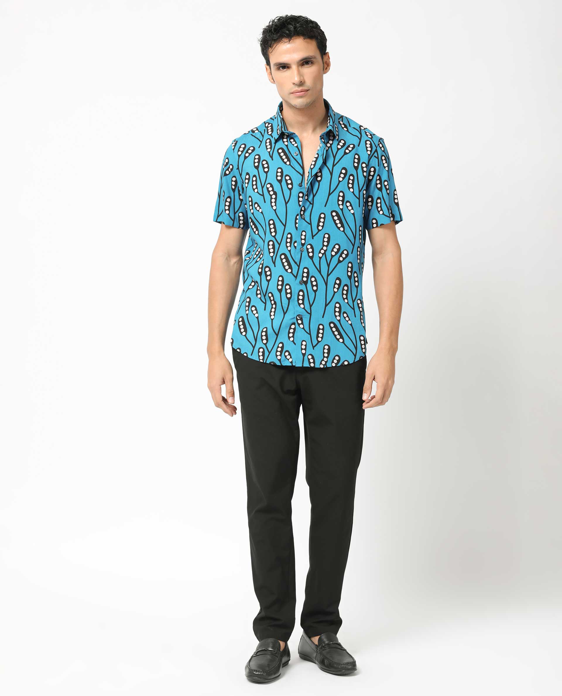 Rare Rabbit Men's Baton Blue Viscose Fabric Tropical Print Half Sleeves Shirt