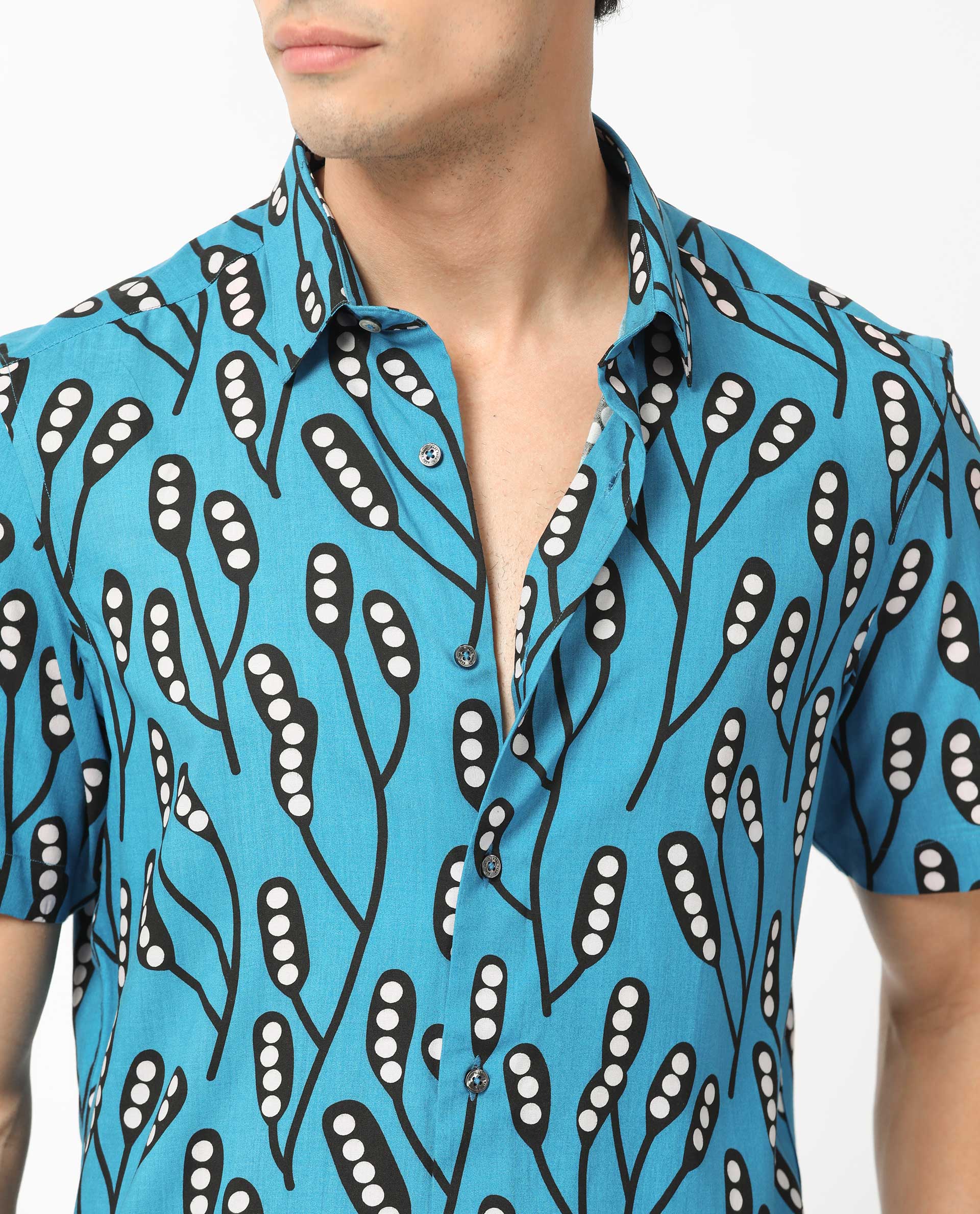 Rare Rabbit Men's Baton Blue Viscose Fabric Tropical Print Half Sleeves Shirt
