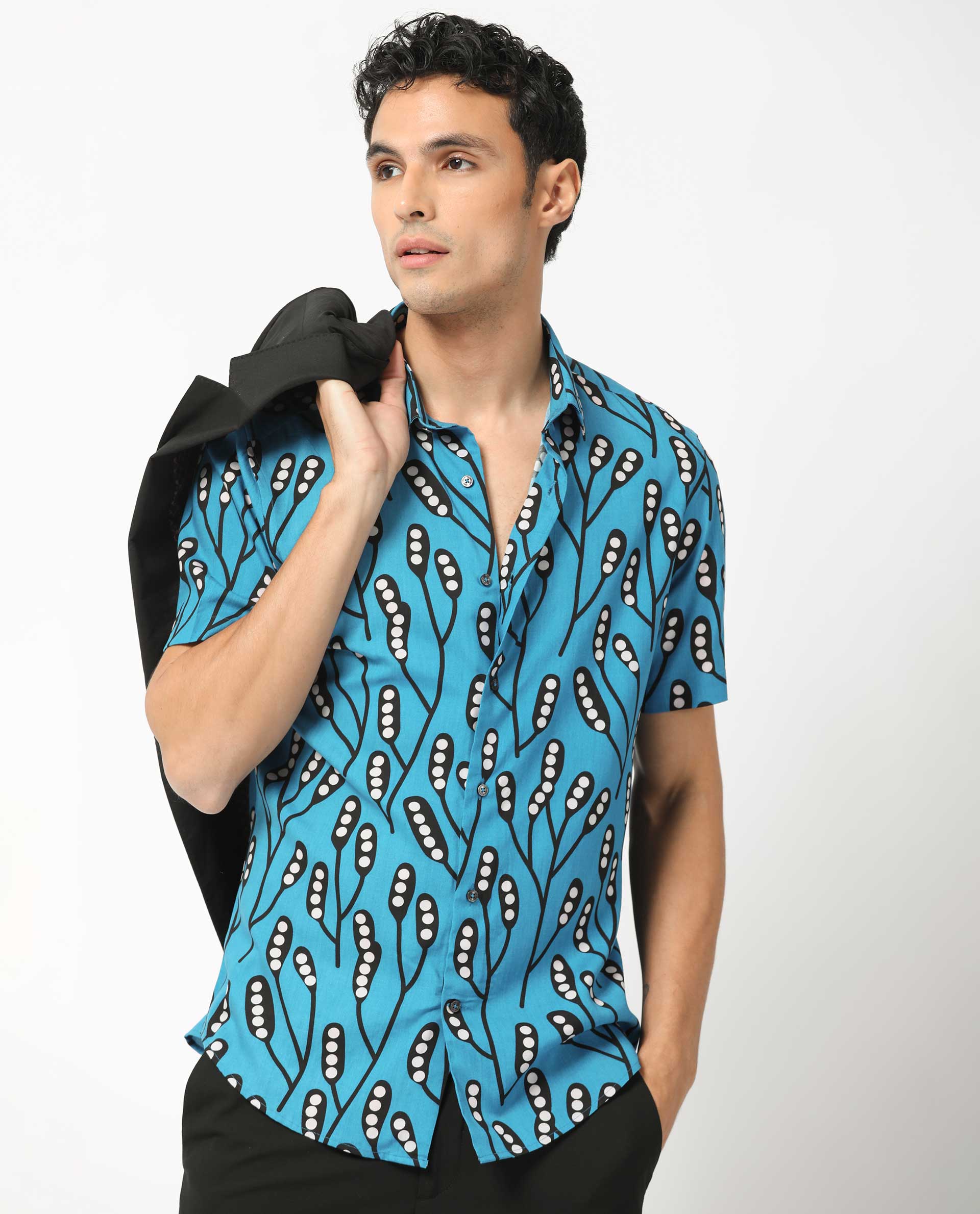 Rare Rabbit Men's Baton Blue Viscose Fabric Tropical Print Half Sleeves Shirt