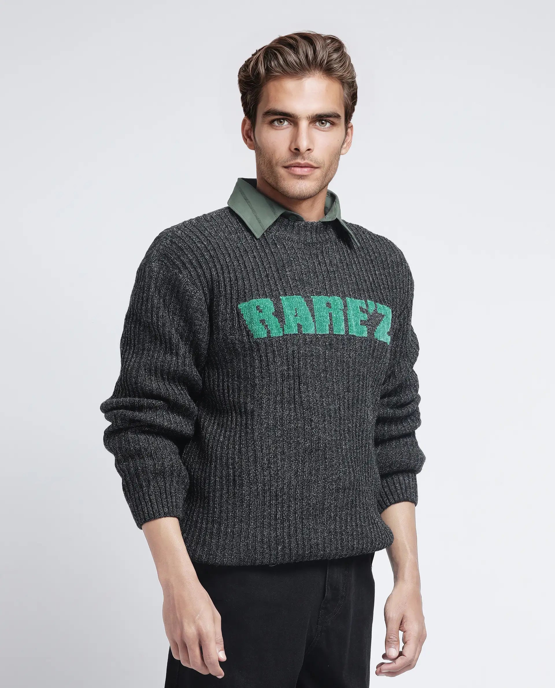 Rare Rabbit Men's Batten Dark Grey Cotton Fabric Full Sleeve Crew Neck Regular Fit Rare'z Branded Sweater