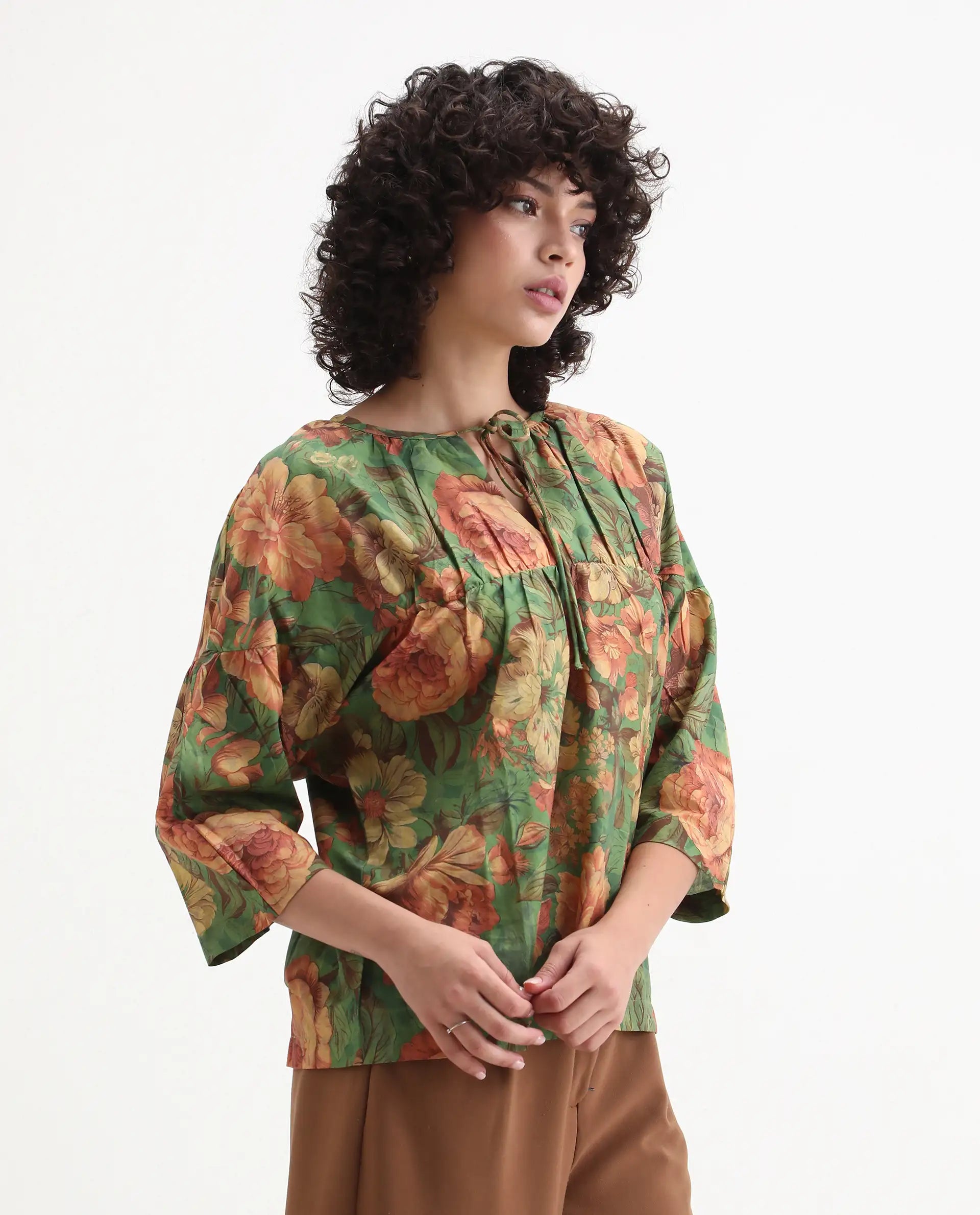 Rareism Women's Baudel Green Cotton Tie-Up Neck Floral Print Kimono Sleeve Relaxed Fit Top