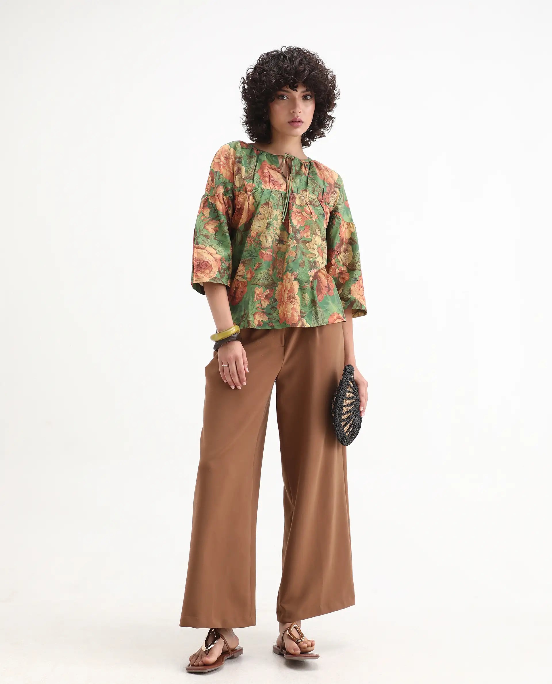 Rareism Women's Baudel Green Cotton Tie-Up Neck Floral Print Kimono Sleeve Relaxed Fit Top