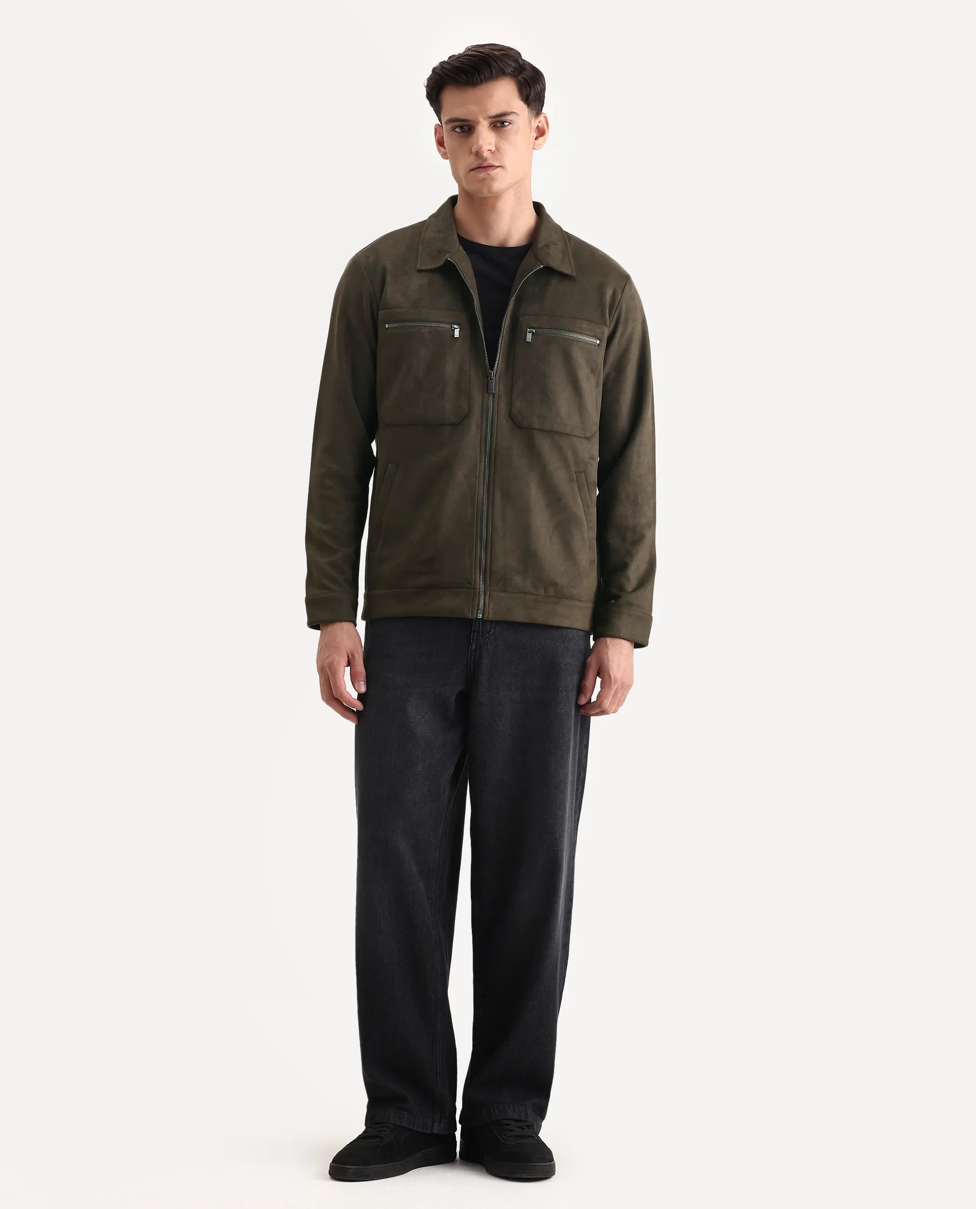 Rare Rabbit Men's Bax-25 Dark Olive Polyester Blend Plain Relaxed Fit Full Sleeve Spread Collar Jacket