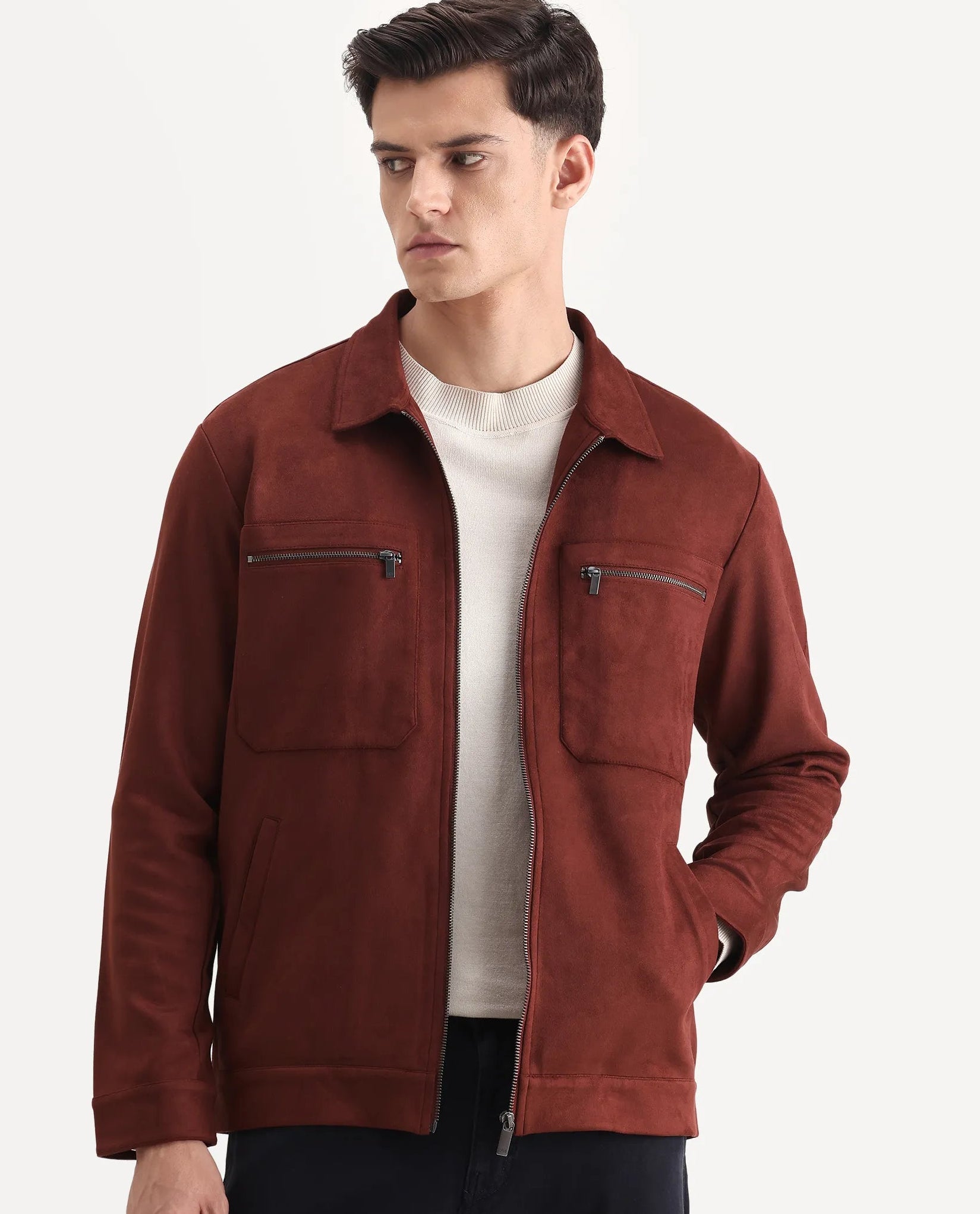 Rare Rabbit Men's Bax-25 Rust Polyester Blend Plain Relaxed Fit Full Sleeve Spread Collar Jacket