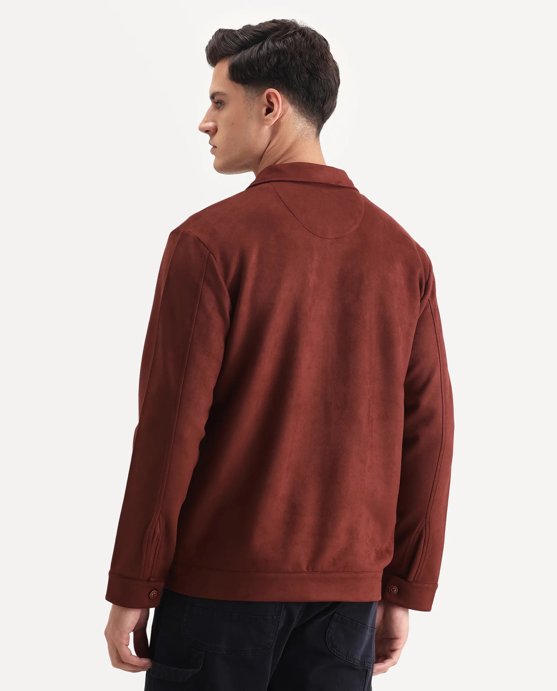 Rare Rabbit Men's Bax-25 Rust Polyester Blend Plain Relaxed Fit Full Sleeve Spread Collar Jacket