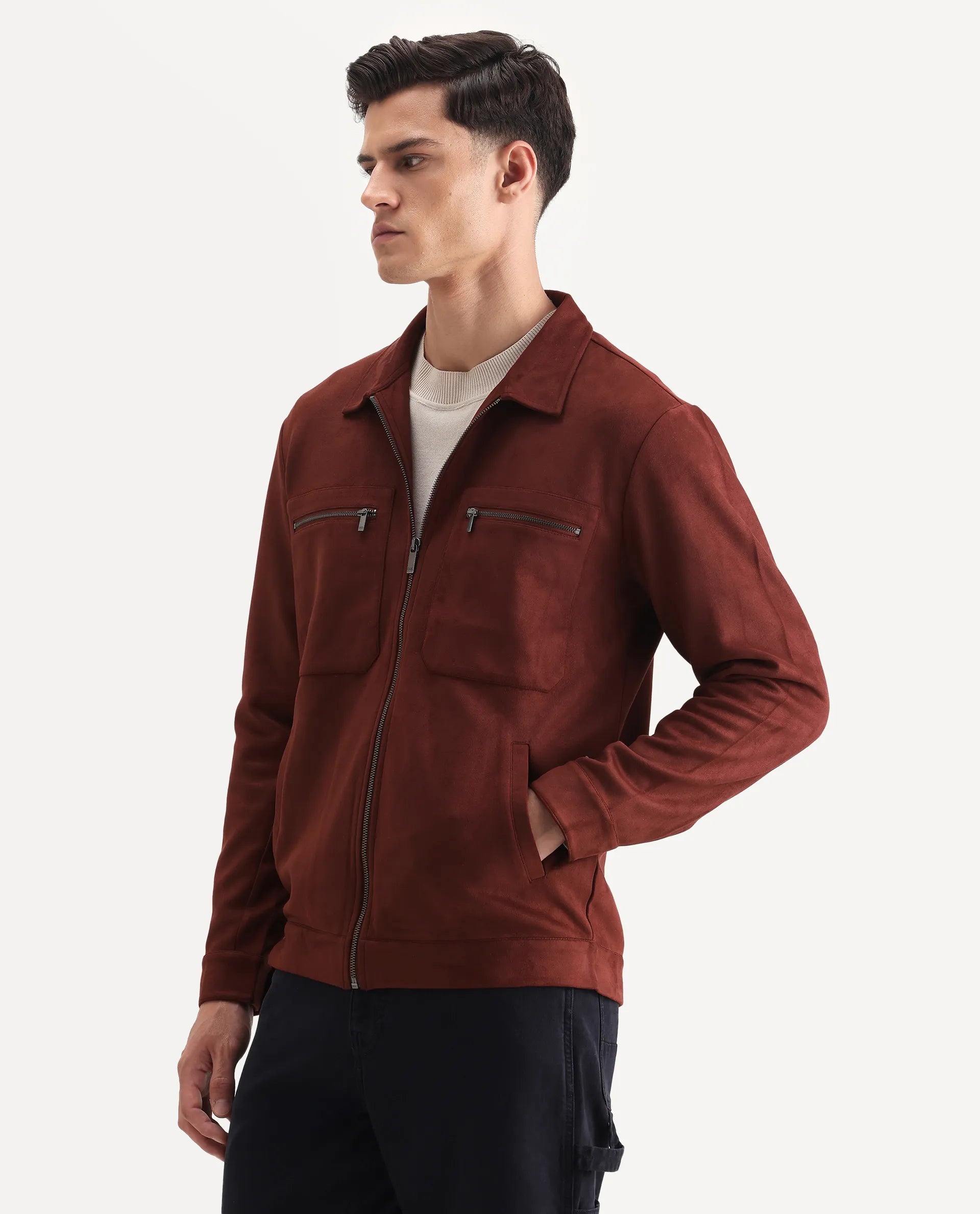 Rare Rabbit Men's Bax-25 Rust Polyester Blend Plain Relaxed Fit Full Sleeve Spread Collar Jacket