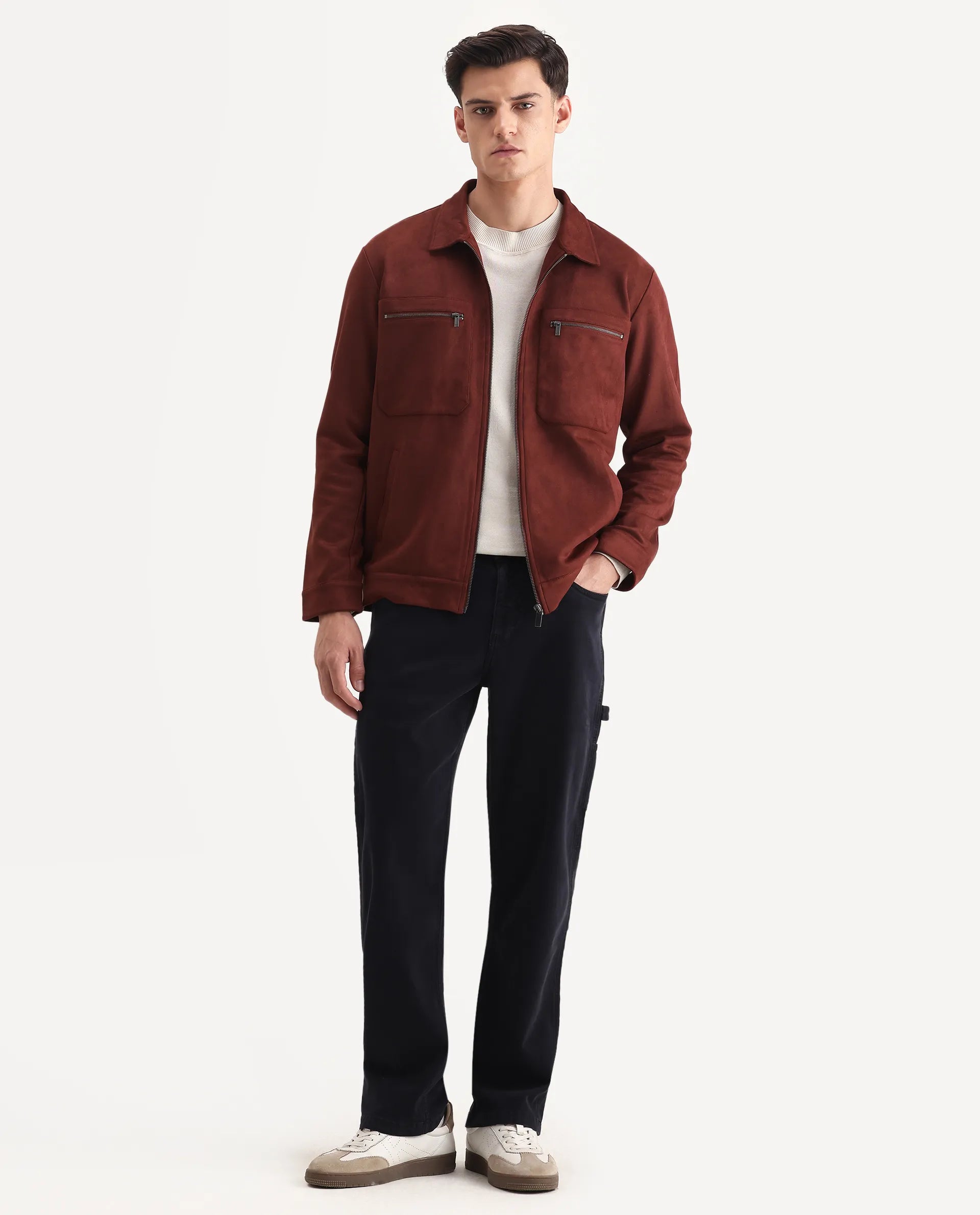 Rare Rabbit Men's Bax-25 Rust Polyester Blend Plain Relaxed Fit Full Sleeve Spread Collar Jacket