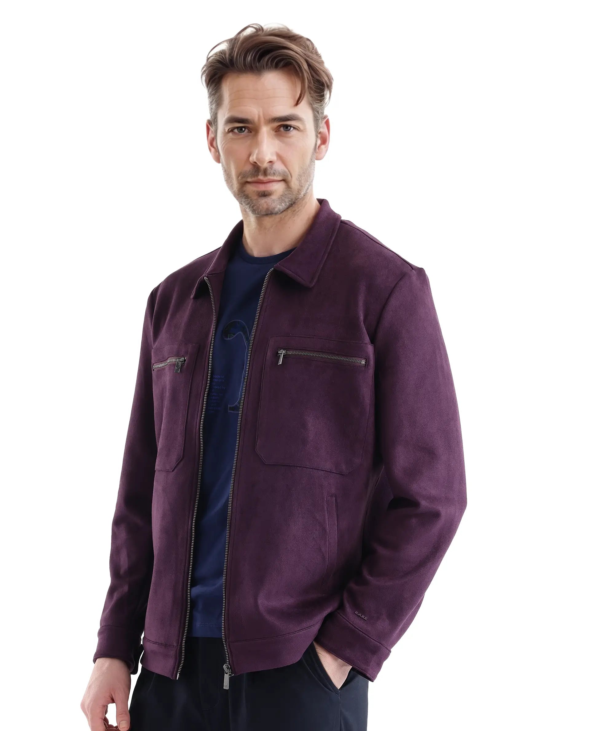 Rare Rabbit Men Bax-3 Dark Purple Polyester Spandex Fabric Full Sleeve Collared Neck Zipper Closure Regular Fit Plain Jacket