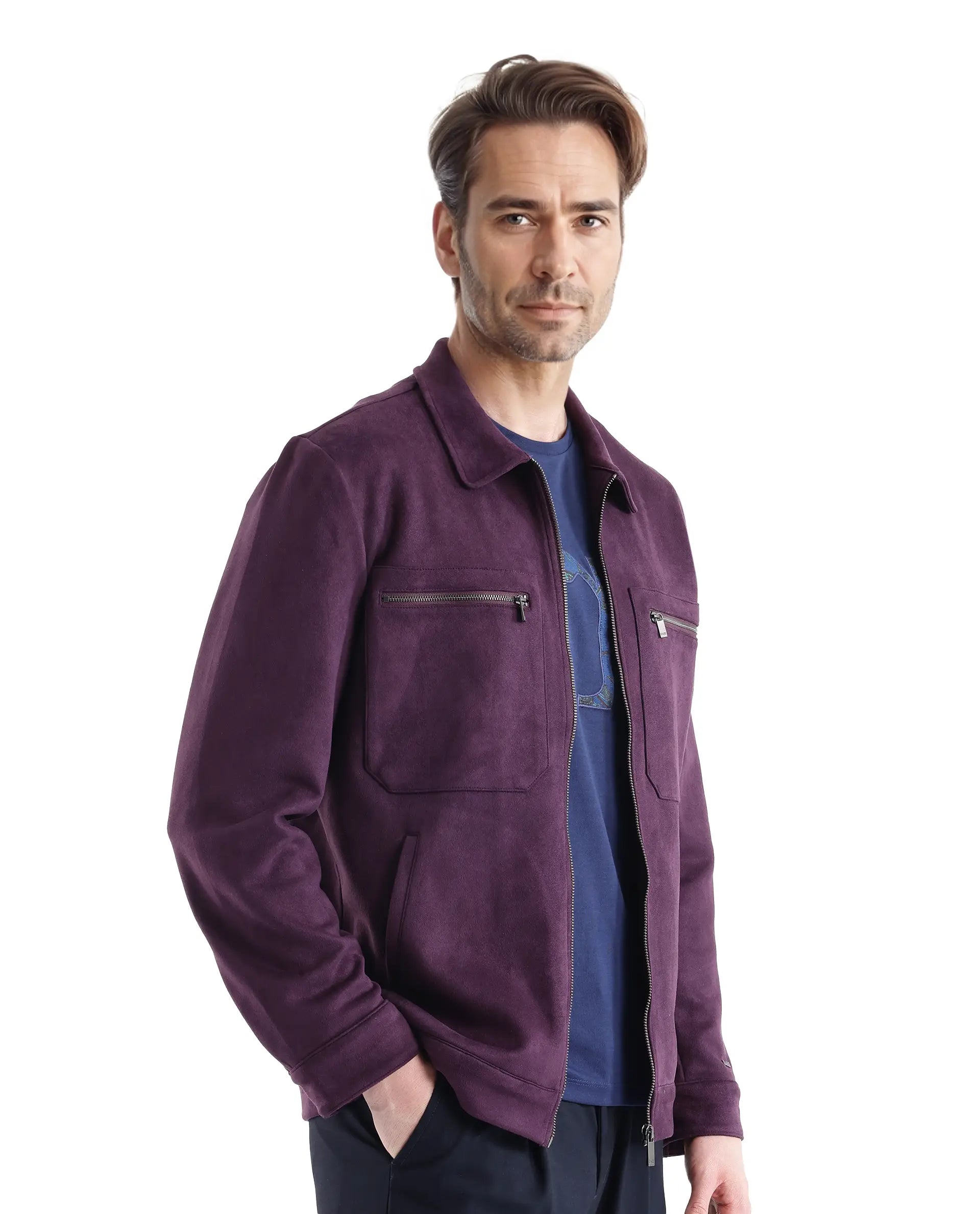 Rare Rabbit Men Bax-3 Dark Purple Polyester Spandex Fabric Full Sleeve Collared Neck Zipper Closure Regular Fit Plain Jacket