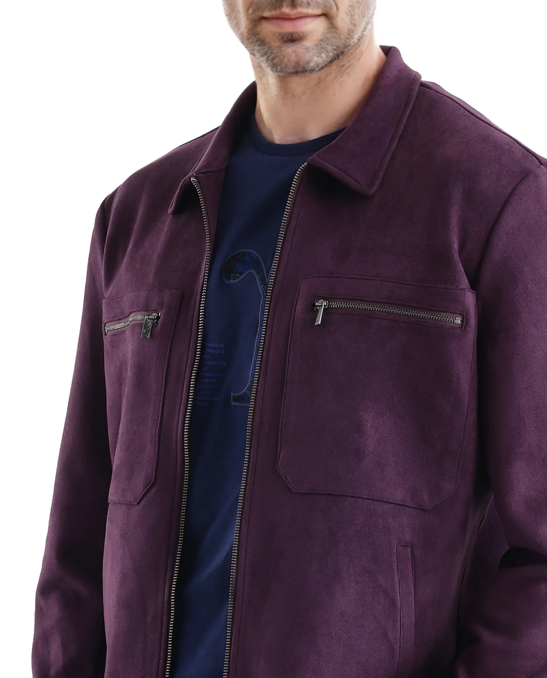 Rare Rabbit Men Bax-3 Dark Purple Polyester Spandex Fabric Full Sleeve Collared Neck Zipper Closure Regular Fit Plain Jacket