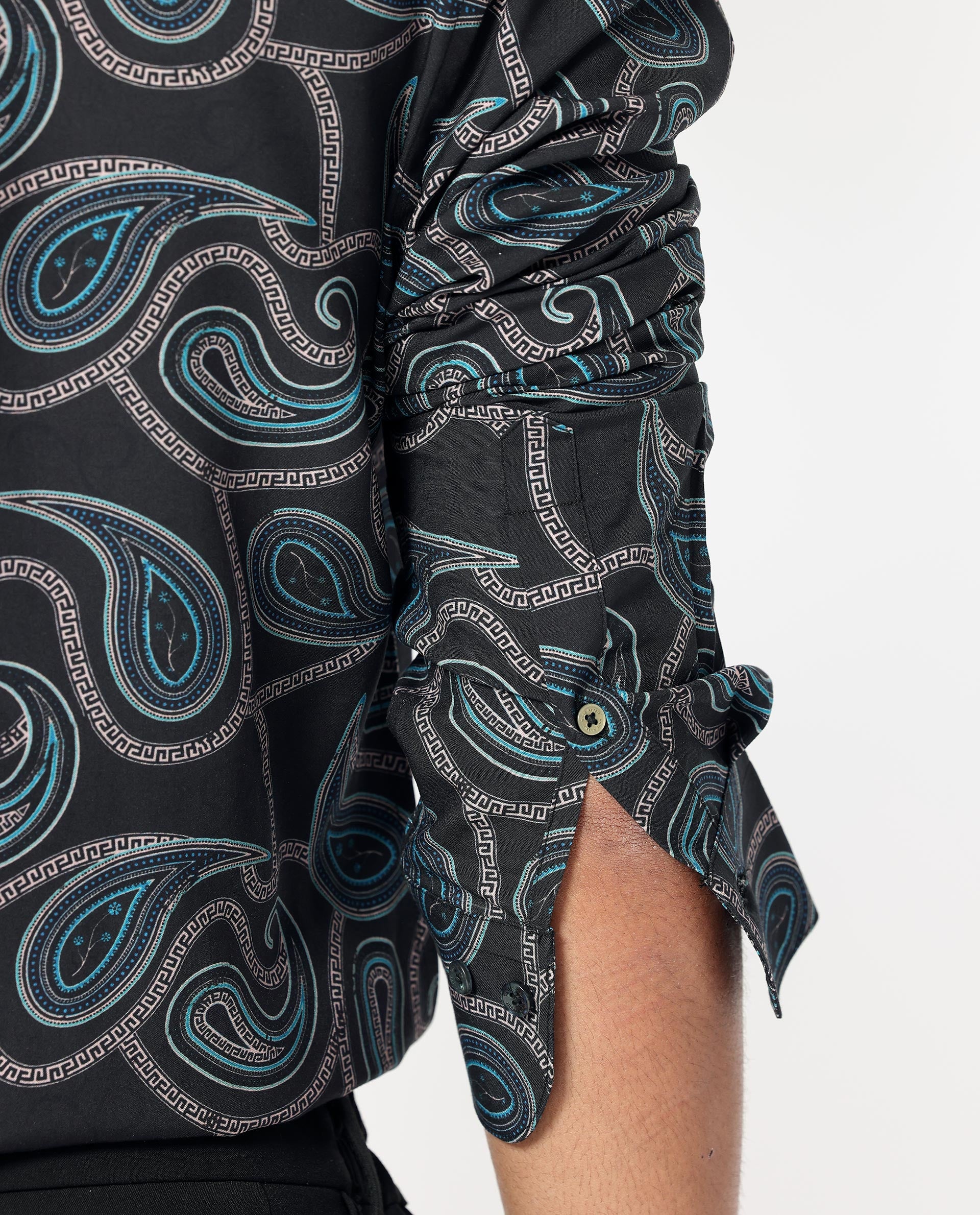 Rare Rabbit Men's Baxon Black Viscose Fabric Full Sleeves Paisley Print Shirt