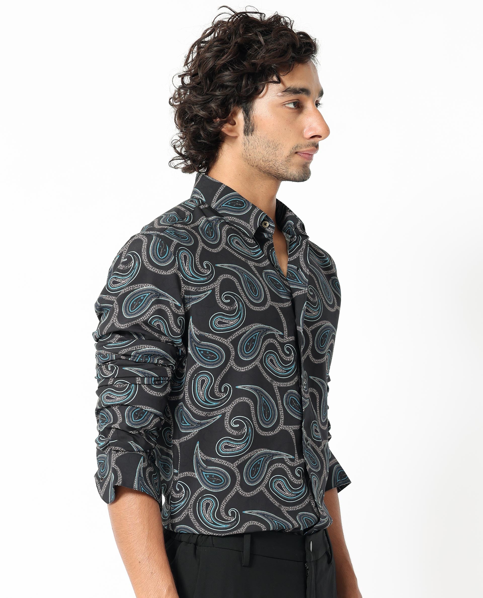 Rare Rabbit Men's Baxon Black Viscose Fabric Full Sleeves Paisley Print Shirt