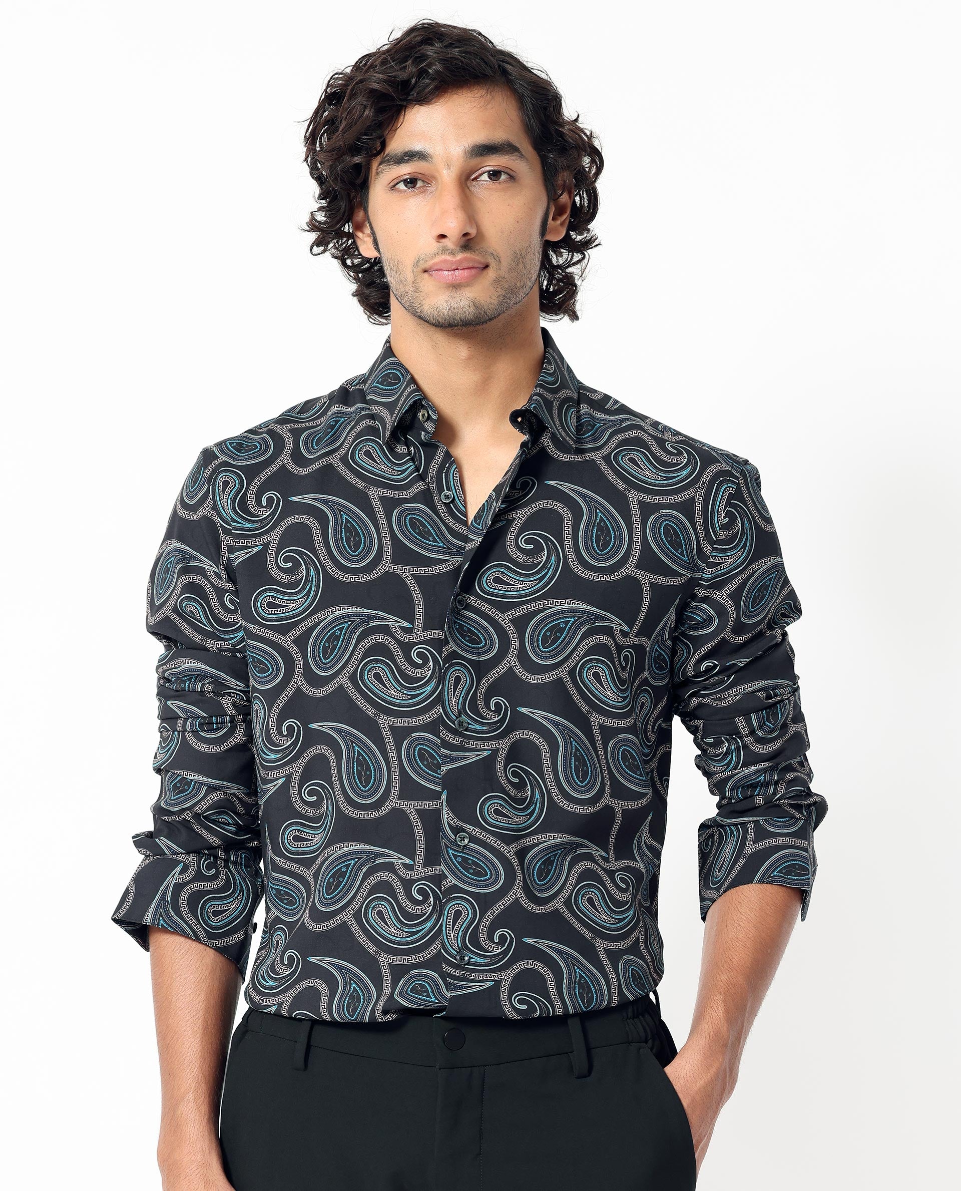 Rare Rabbit Men's Baxon Black Viscose Fabric Full Sleeves Paisley Print Shirt