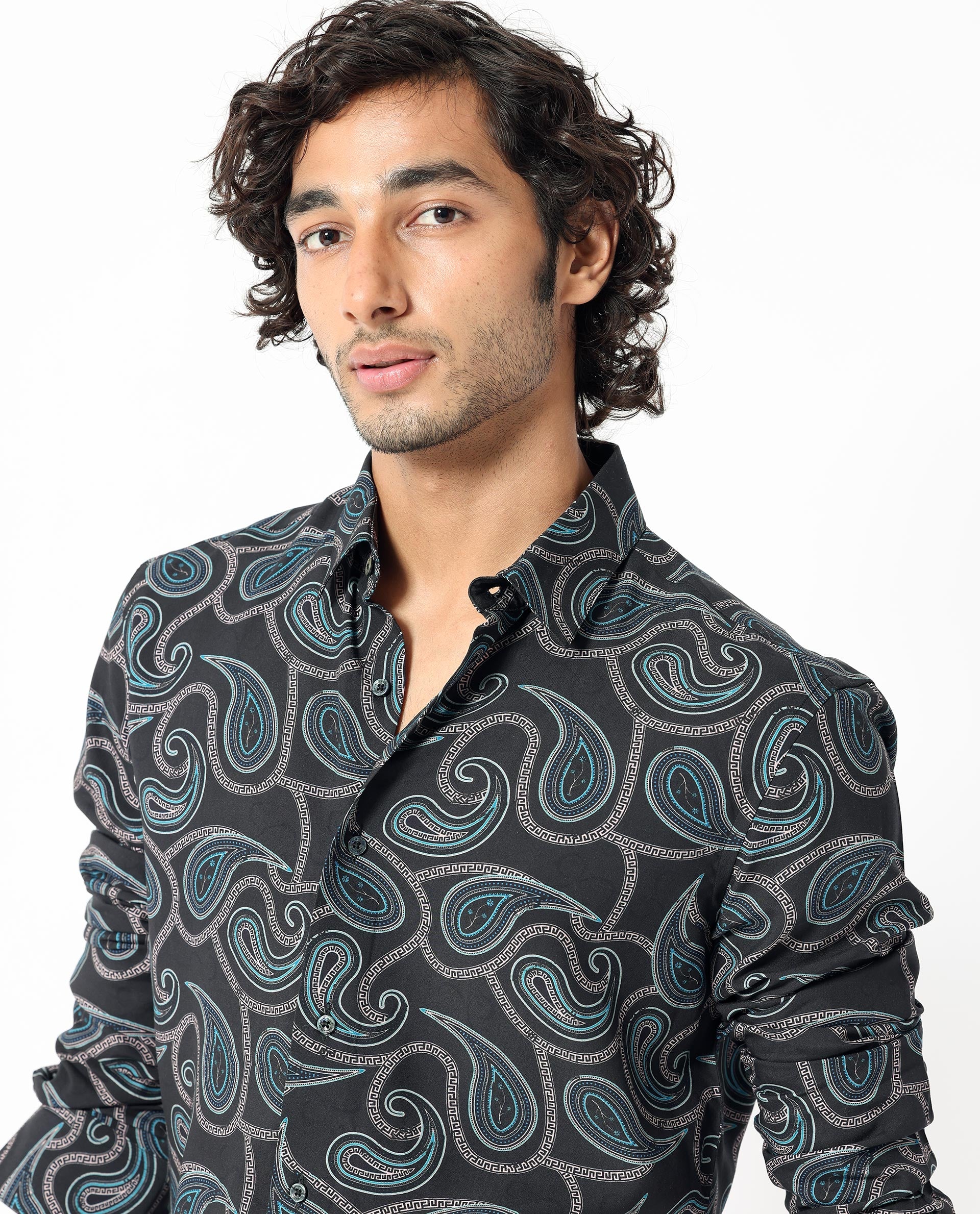 Rare Rabbit Men's Baxon Black Viscose Fabric Full Sleeves Paisley Print Shirt