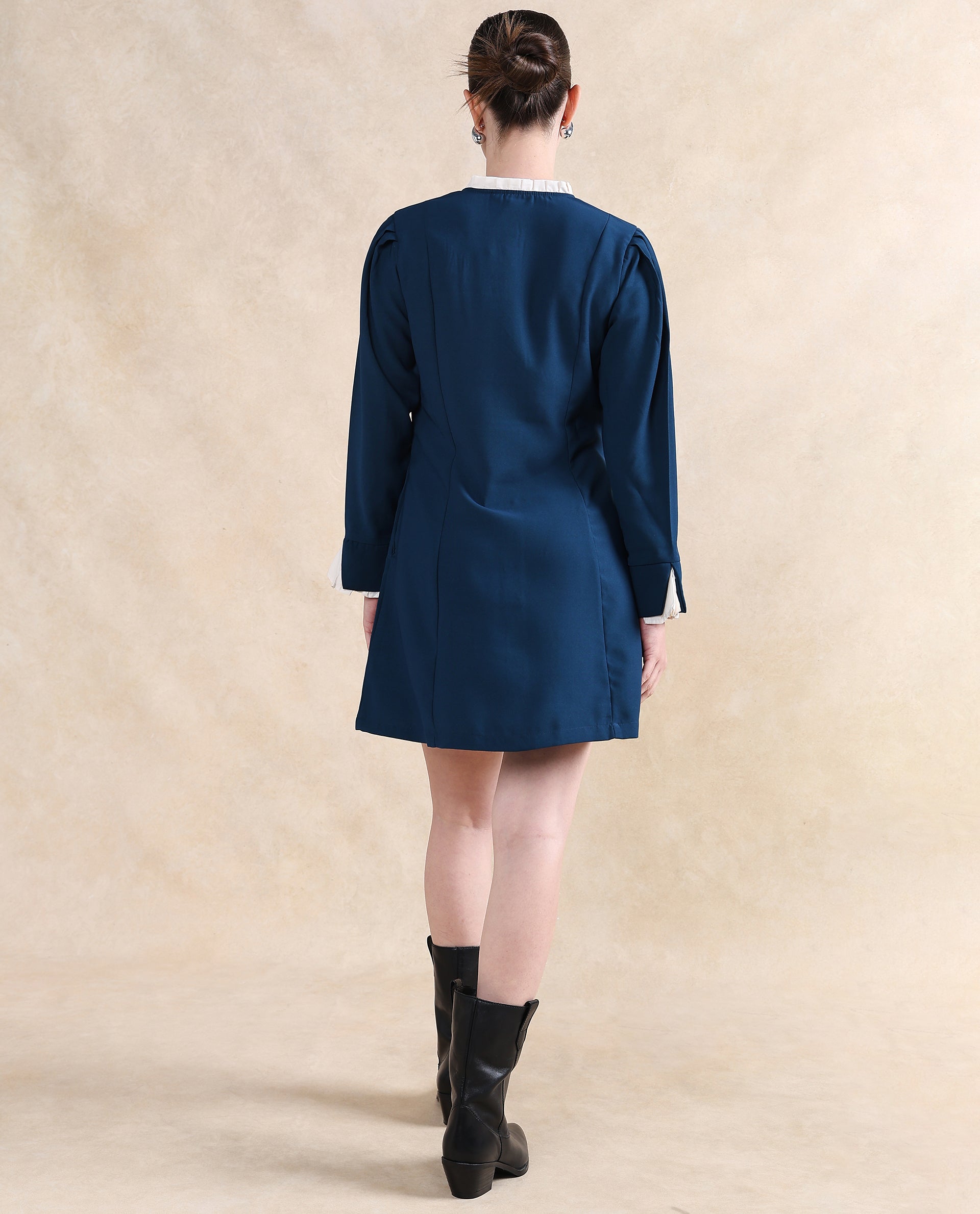 Rareism Women Bayburt Teal Poly Blend Fabric Full Sleeve Ruffled Neck Button Closure Straight Fit Knee Length Plain Dress