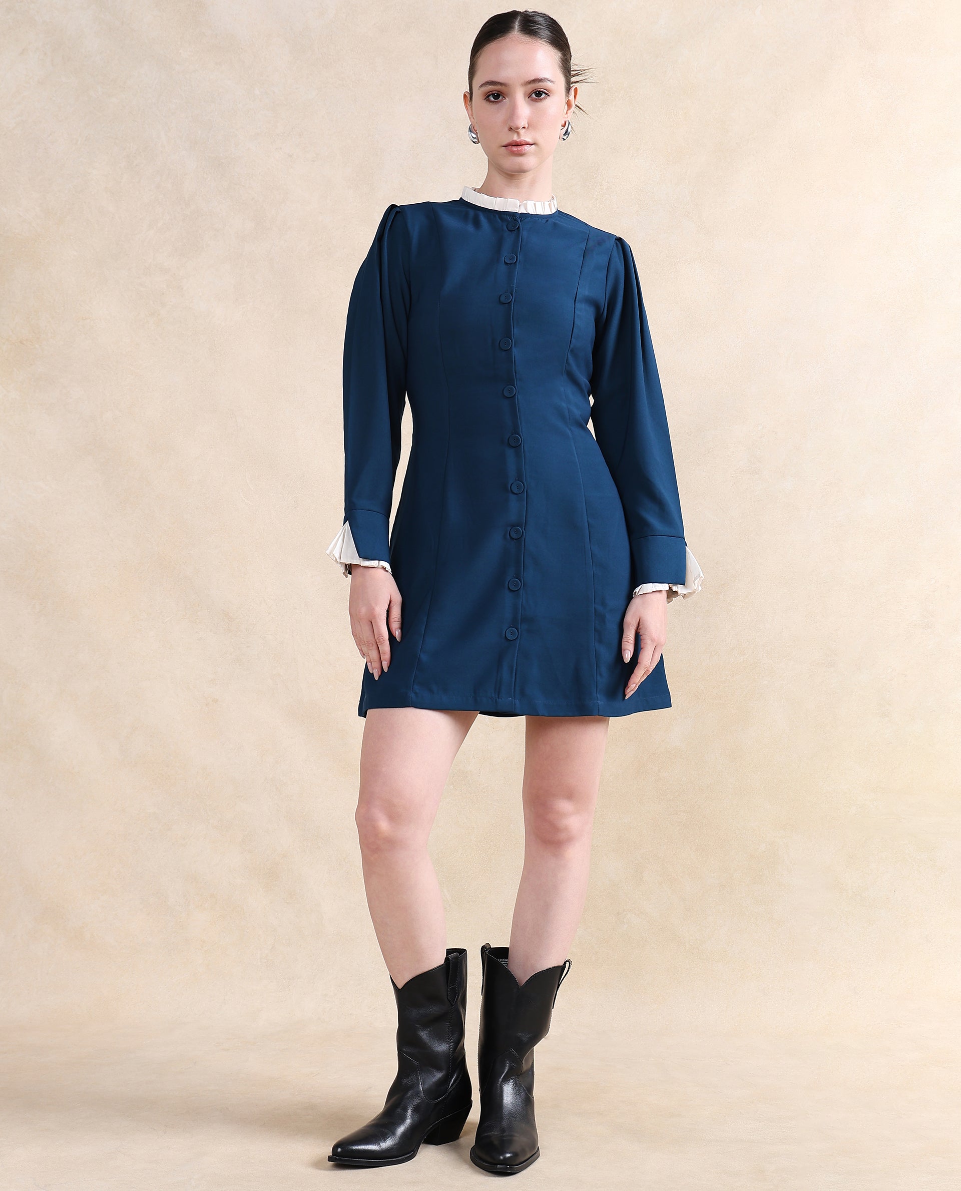 Rareism Women Bayburt Teal Poly Blend Fabric Full Sleeve Ruffled Neck Button Closure Straight Fit Knee Length Plain Dress