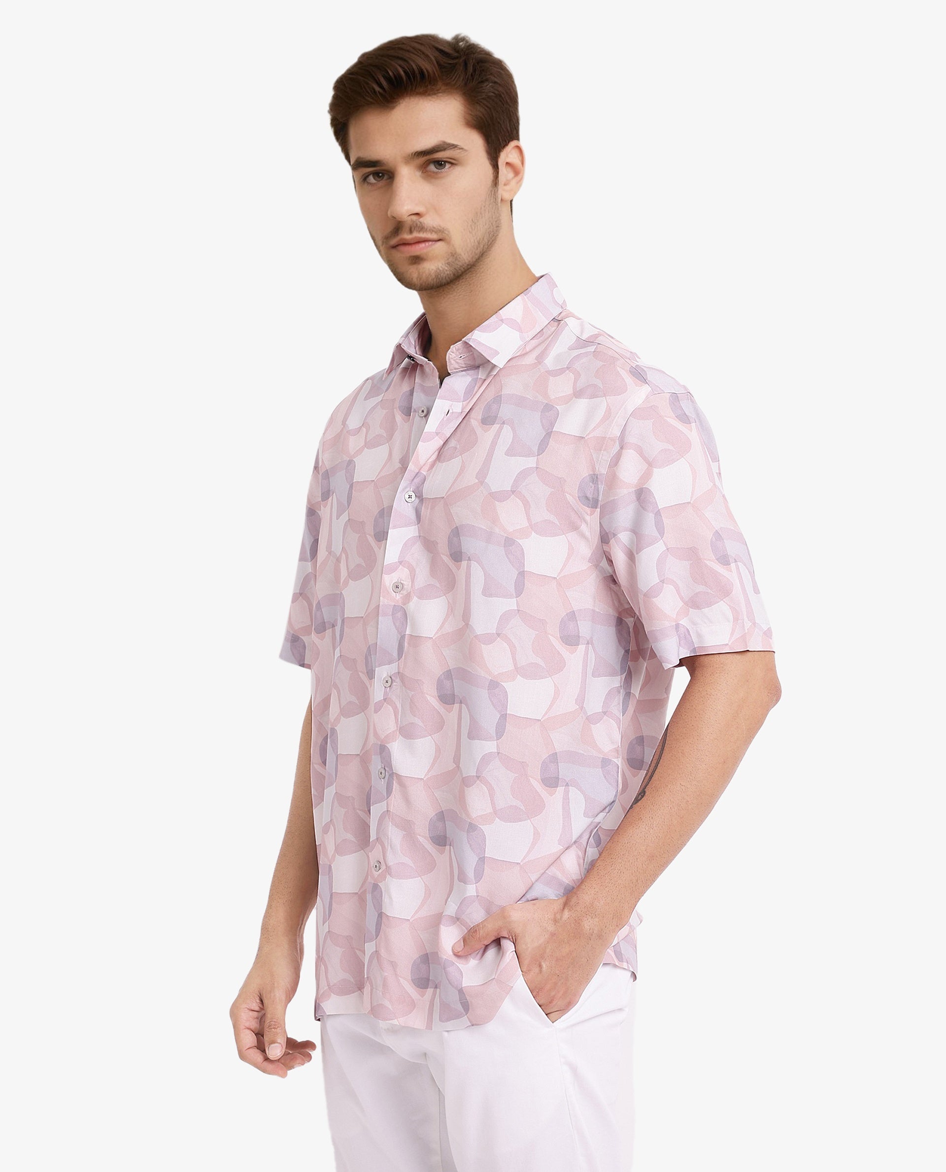 Rare Rabbit Men's Baykal Light Brown Viscose Fabric Abstract Print Half Sleeves Shirt