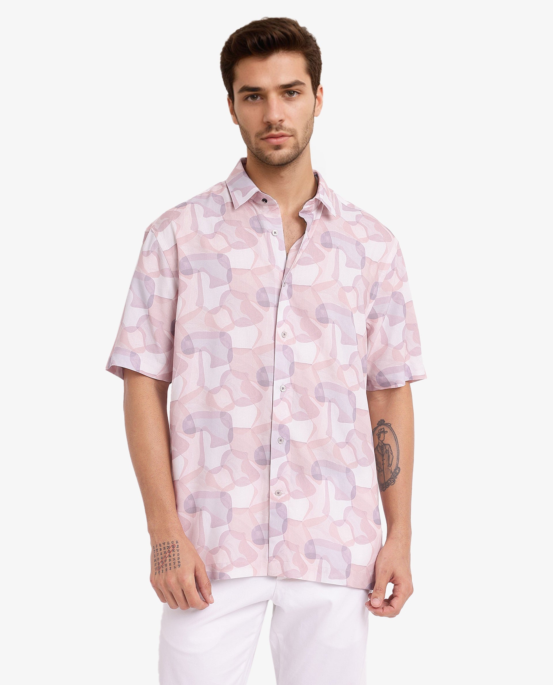 Rare Rabbit Men's Baykal Light Brown Viscose Fabric Abstract Print Half Sleeves Shirt