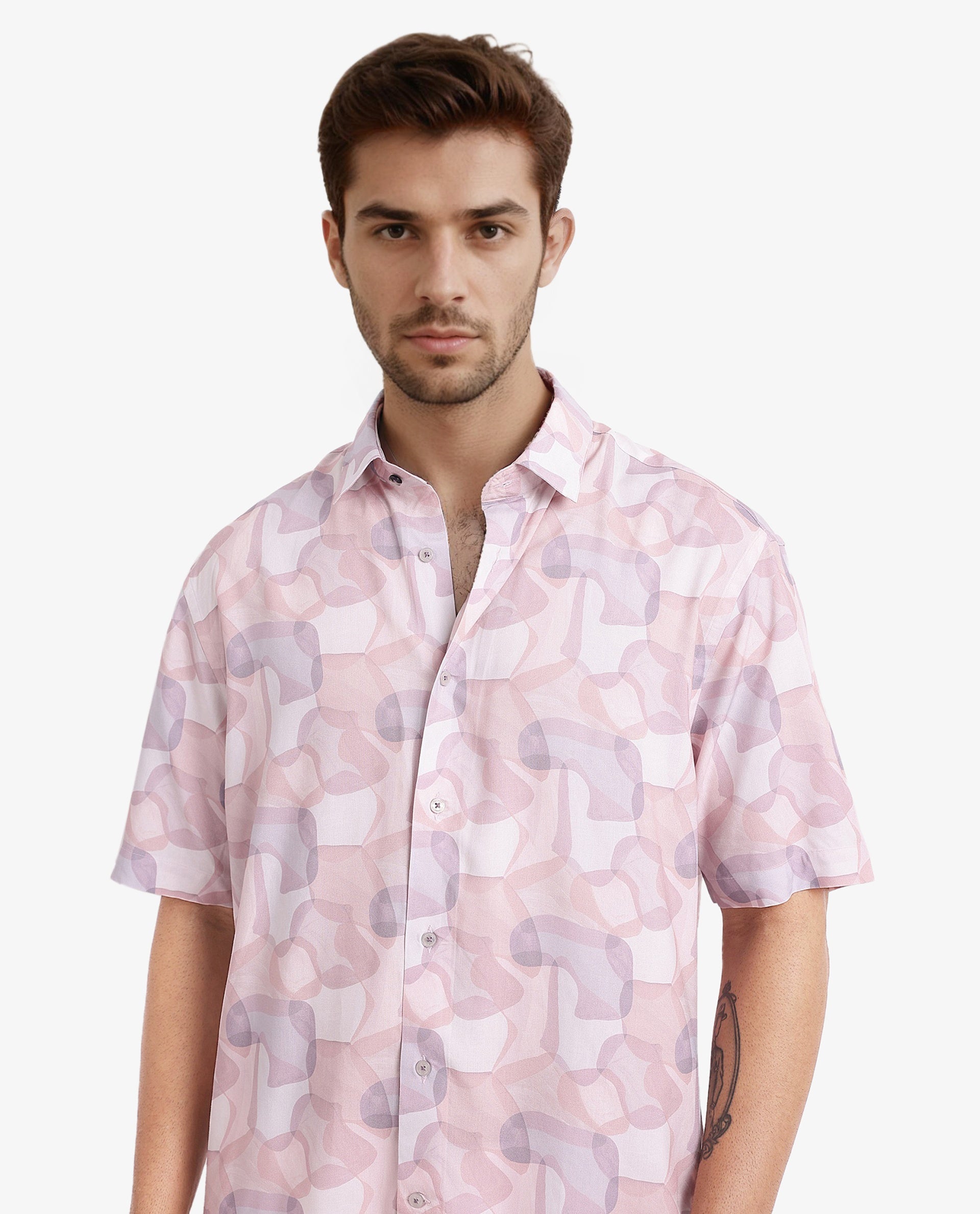 Rare Rabbit Men's Baykal Light Brown Viscose Fabric Abstract Print Half Sleeves Shirt