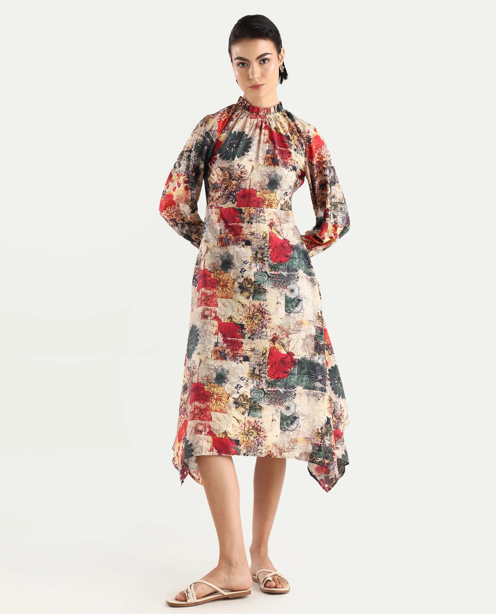 Rareism Women's Baylo Dusky Multi Cotton Blend Sweetheart Neck Abstract Print Smocked Sleeve Midi Asymmetric Dress