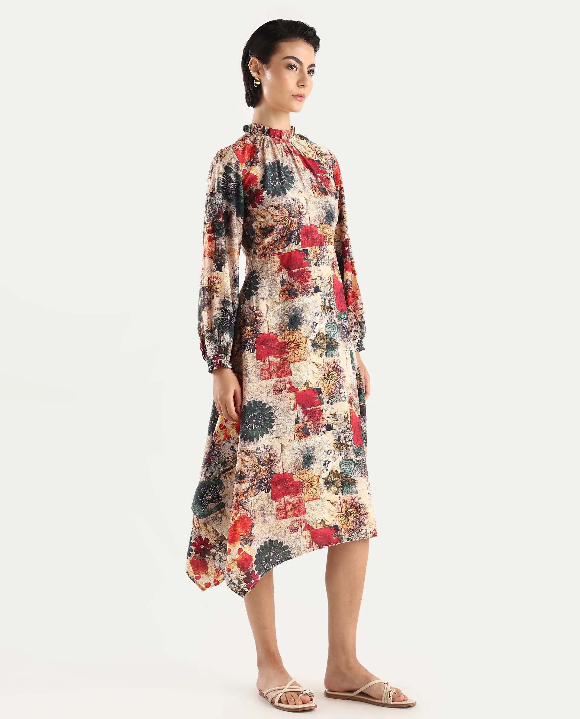 Rareism Women's Baylo Dusky Multi Cotton Blend Sweetheart Neck Abstract Print Smocked Sleeve Midi Asymmetric Dress