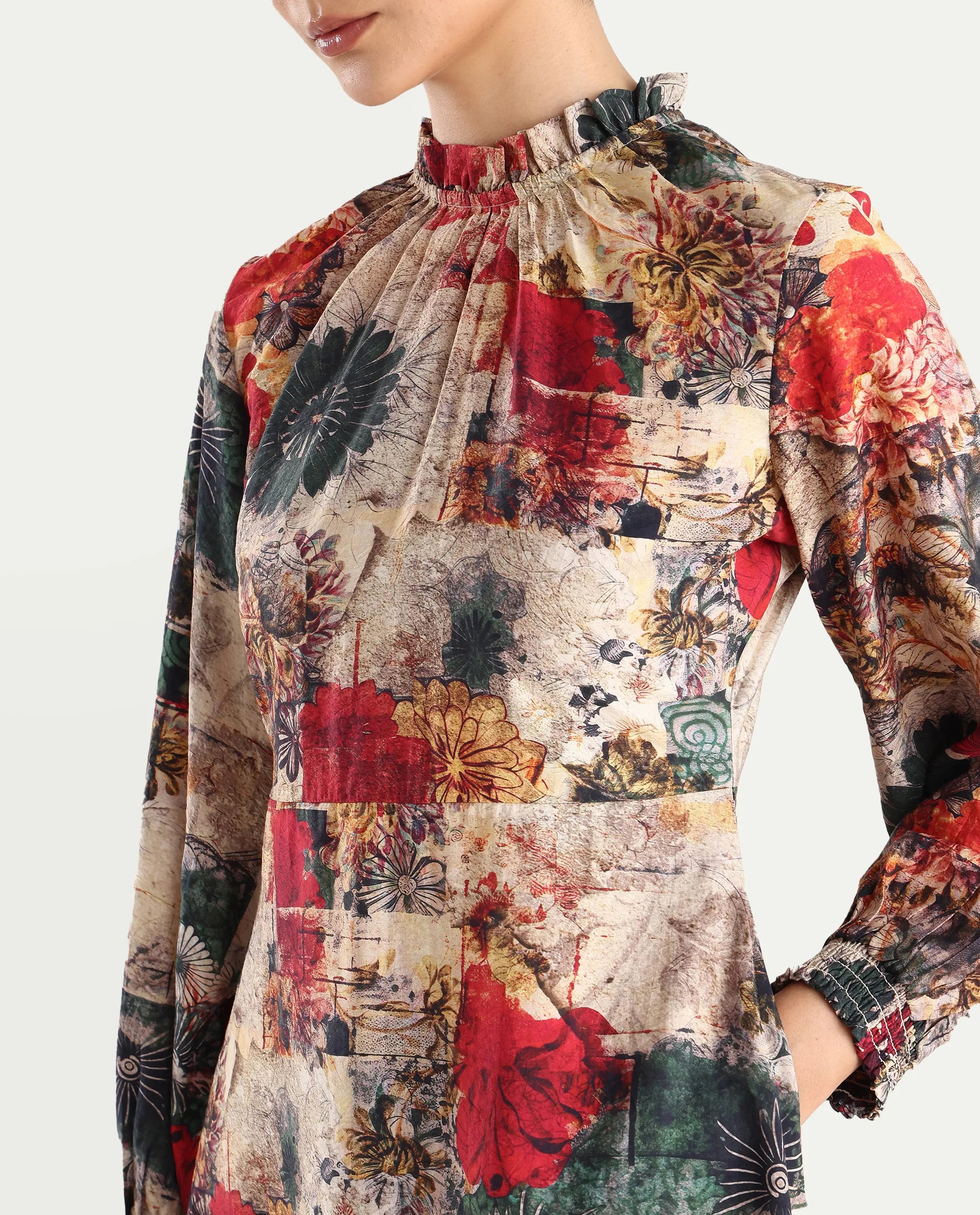 Rareism Women's Baylo Dusky Multi Cotton Blend Sweetheart Neck Abstract Print Smocked Sleeve Midi Asymmetric Dress