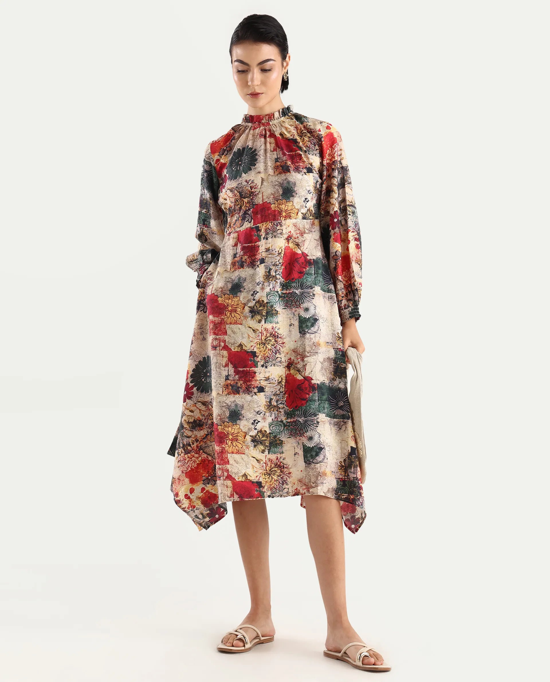 Rareism Women's Baylo Dusky Multi Cotton Blend Sweetheart Neck Abstract Print Smocked Sleeve Midi Asymmetric Dress