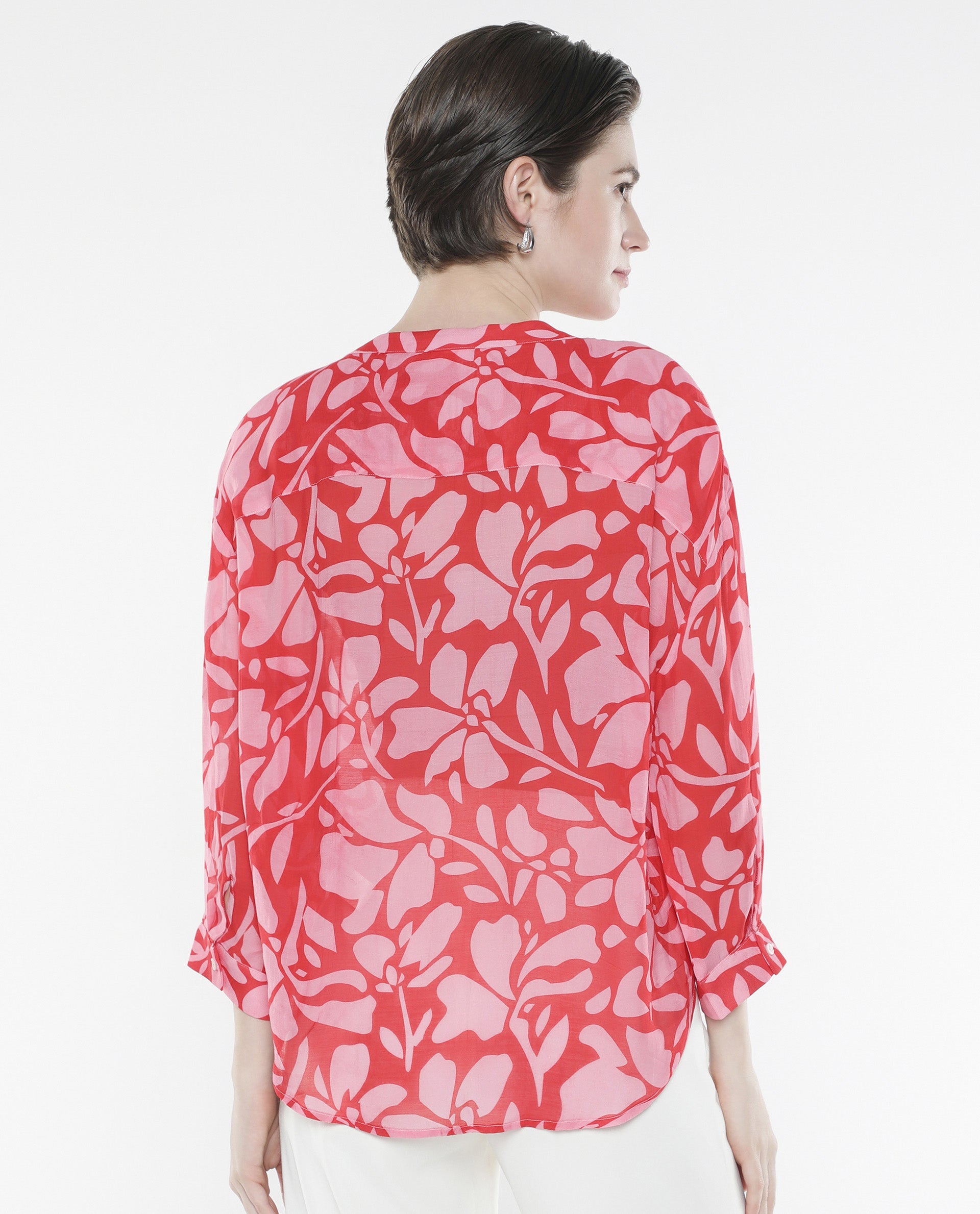 Rareism Women Bayton-SC Red Button Closure Cuffed Sleeve Mandarin Collar Relaxed Fit Floral Print Top