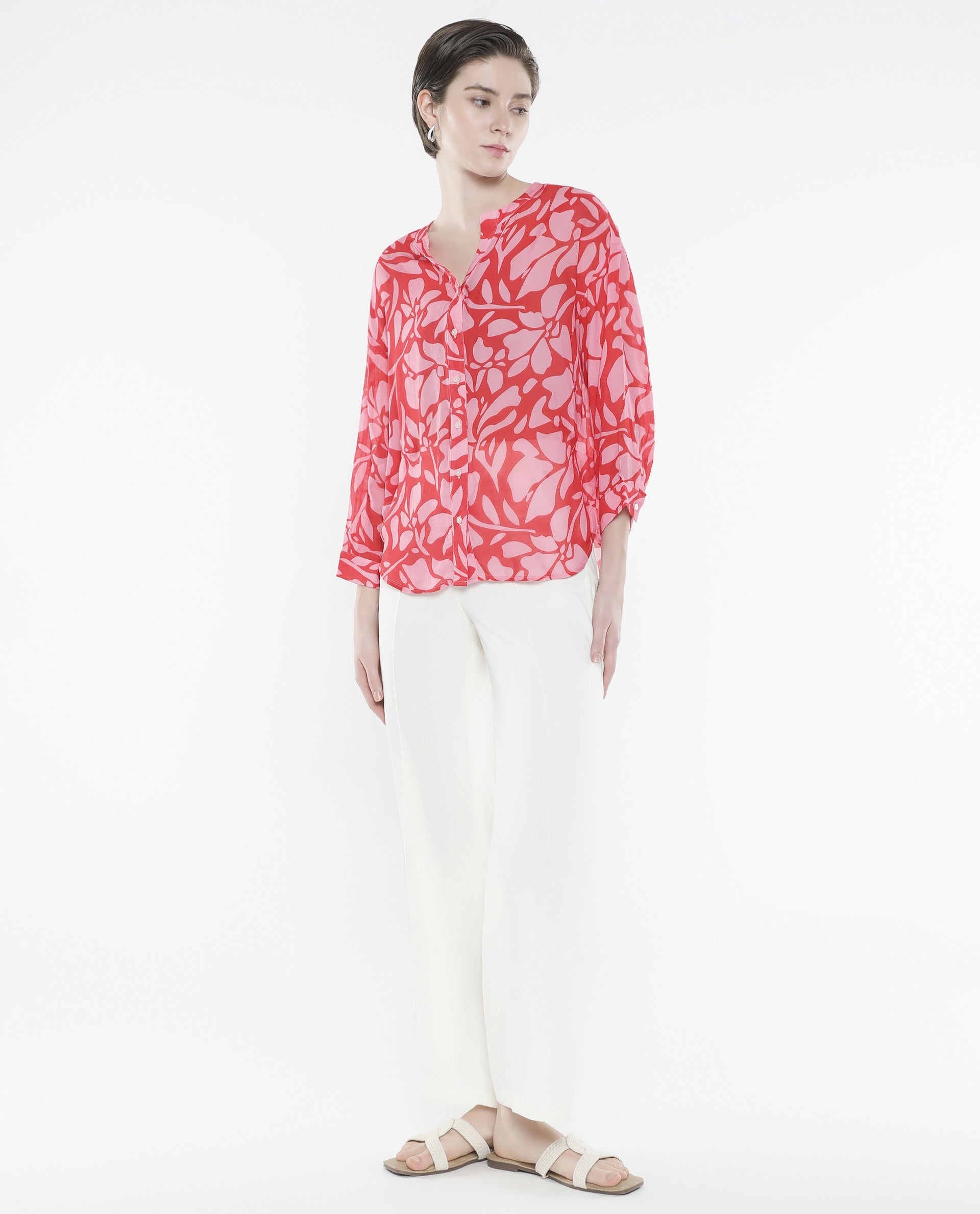 Rareism Women Bayton-SC Red Button Closure Cuffed Sleeve Mandarin Collar Relaxed Fit Floral Print Top