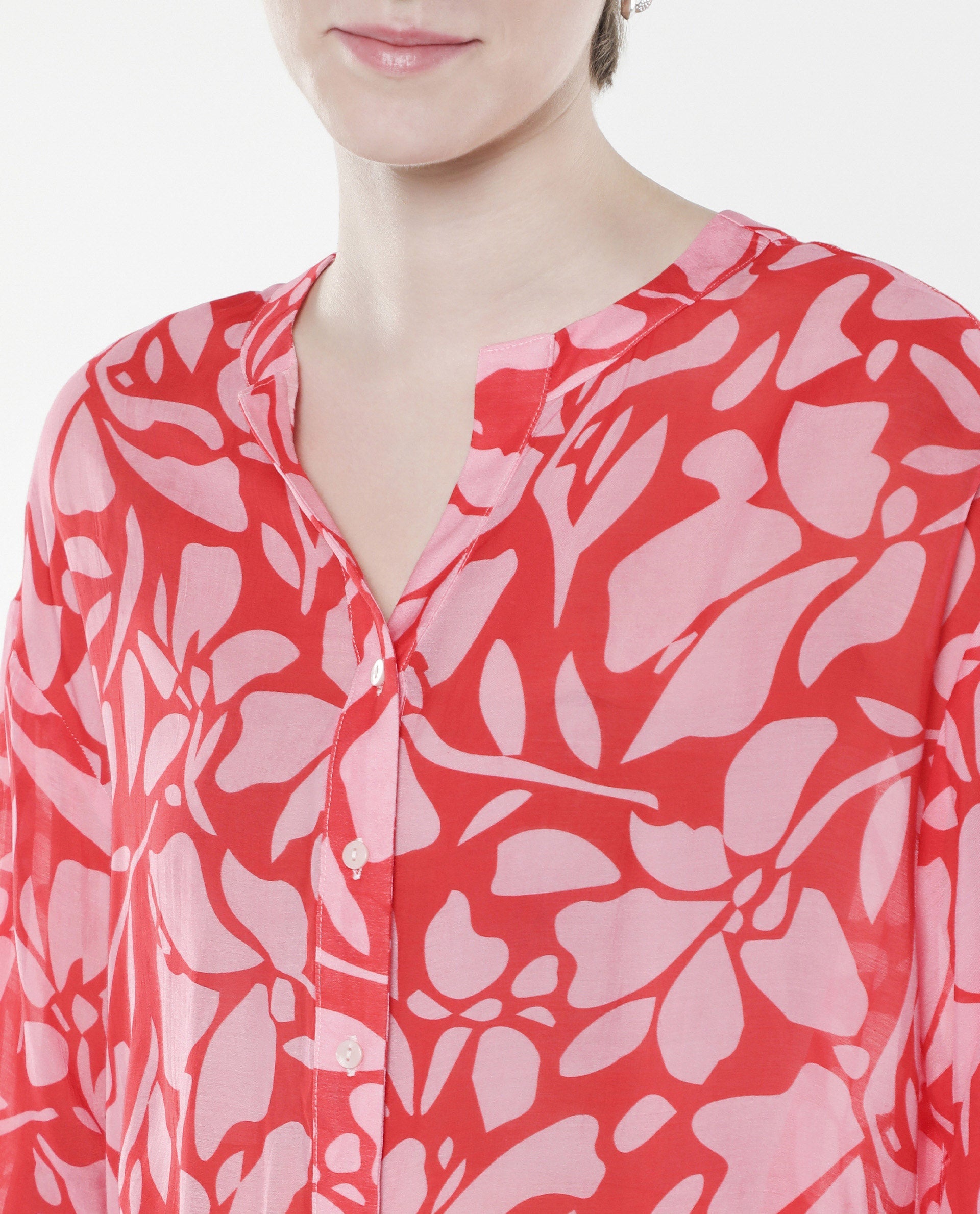 Rareism Women Bayton-SC Red Button Closure Cuffed Sleeve Mandarin Collar Relaxed Fit Floral Print Top