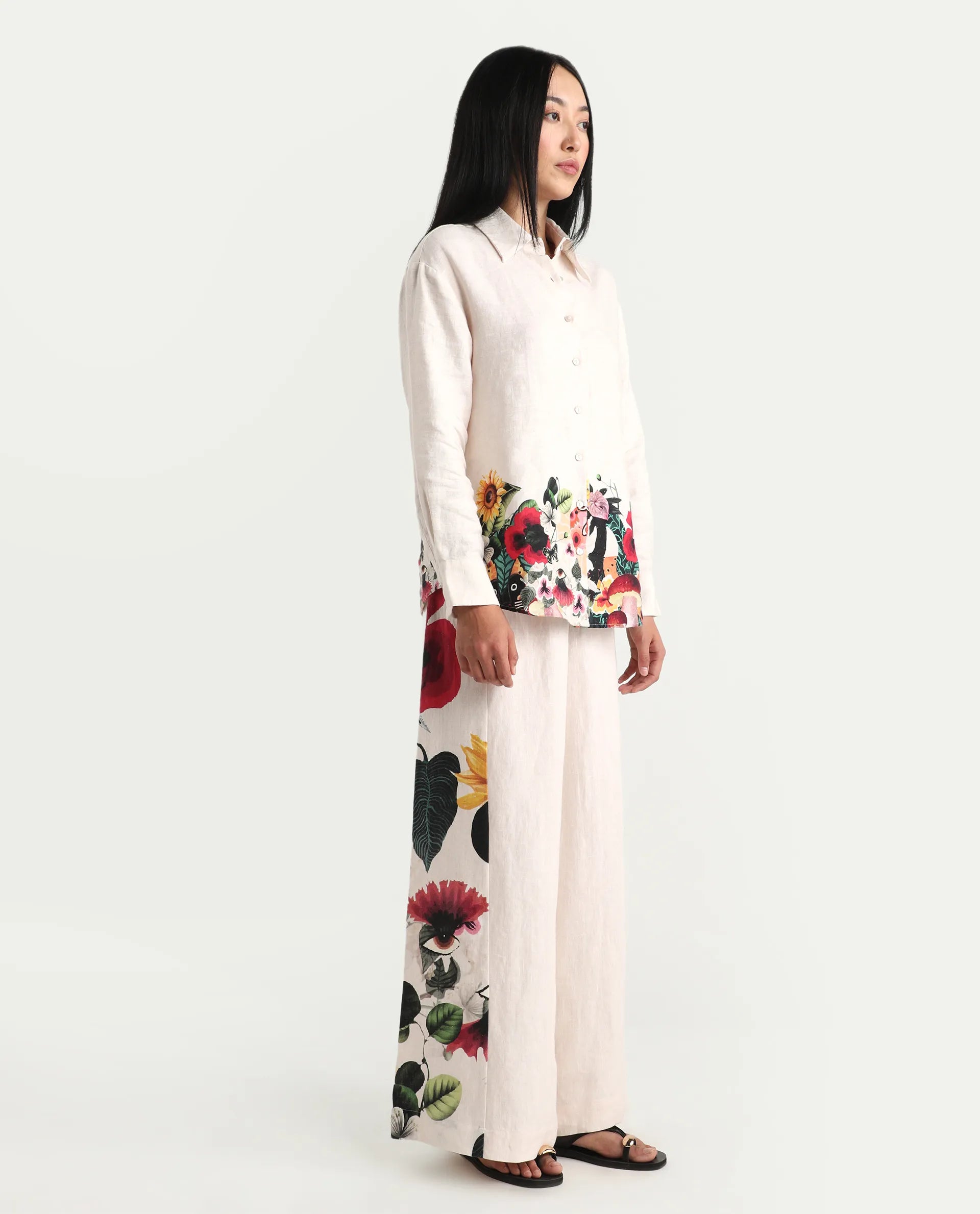 Rareism Women's Bazper-B Off White 100% Linen Wide Leg Plain Trouser