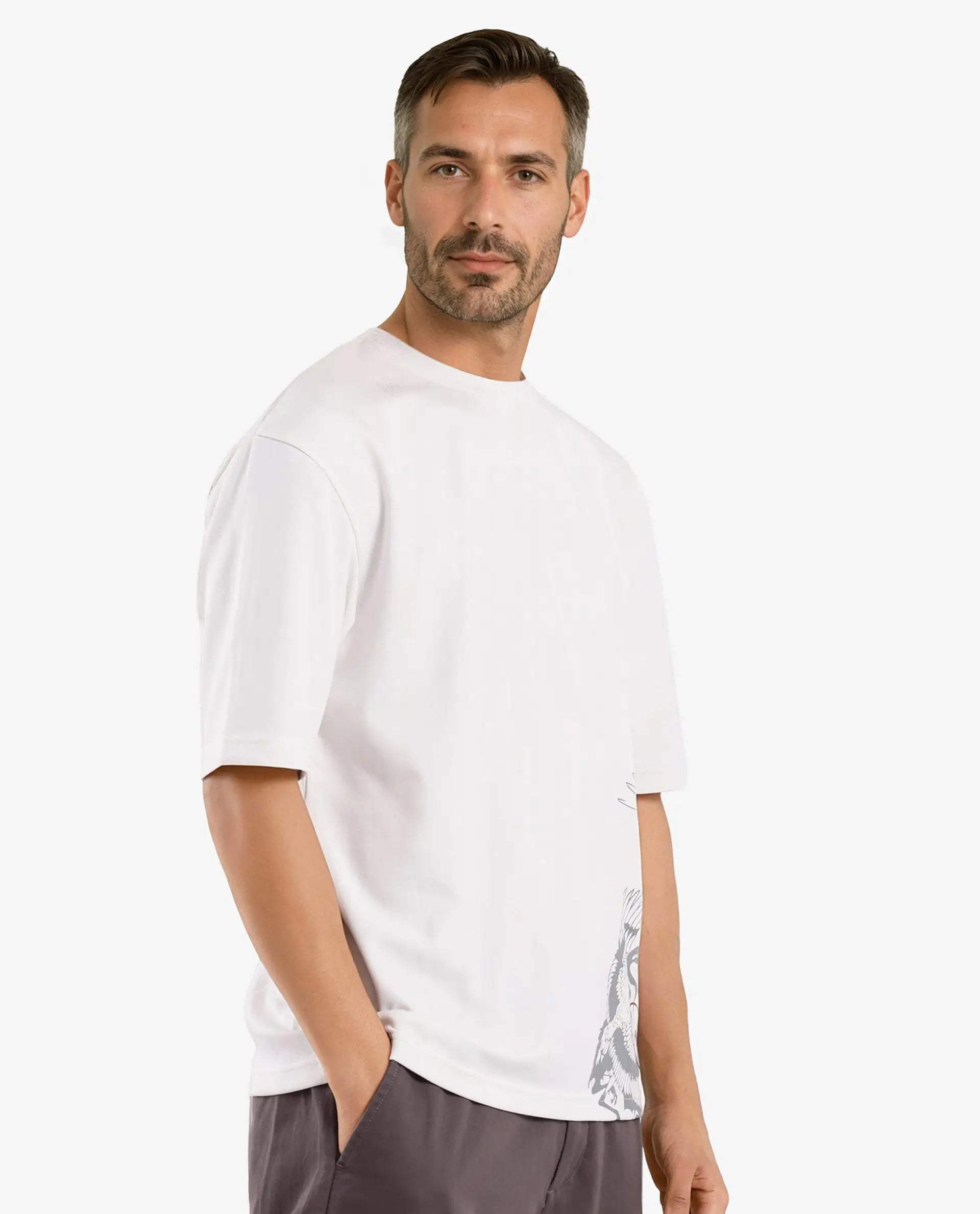 Rare Rabbit Men Bazy Off White Cotton Polyester Fabric Short Sleeve Crew Neck Graphic Print T-Shirt