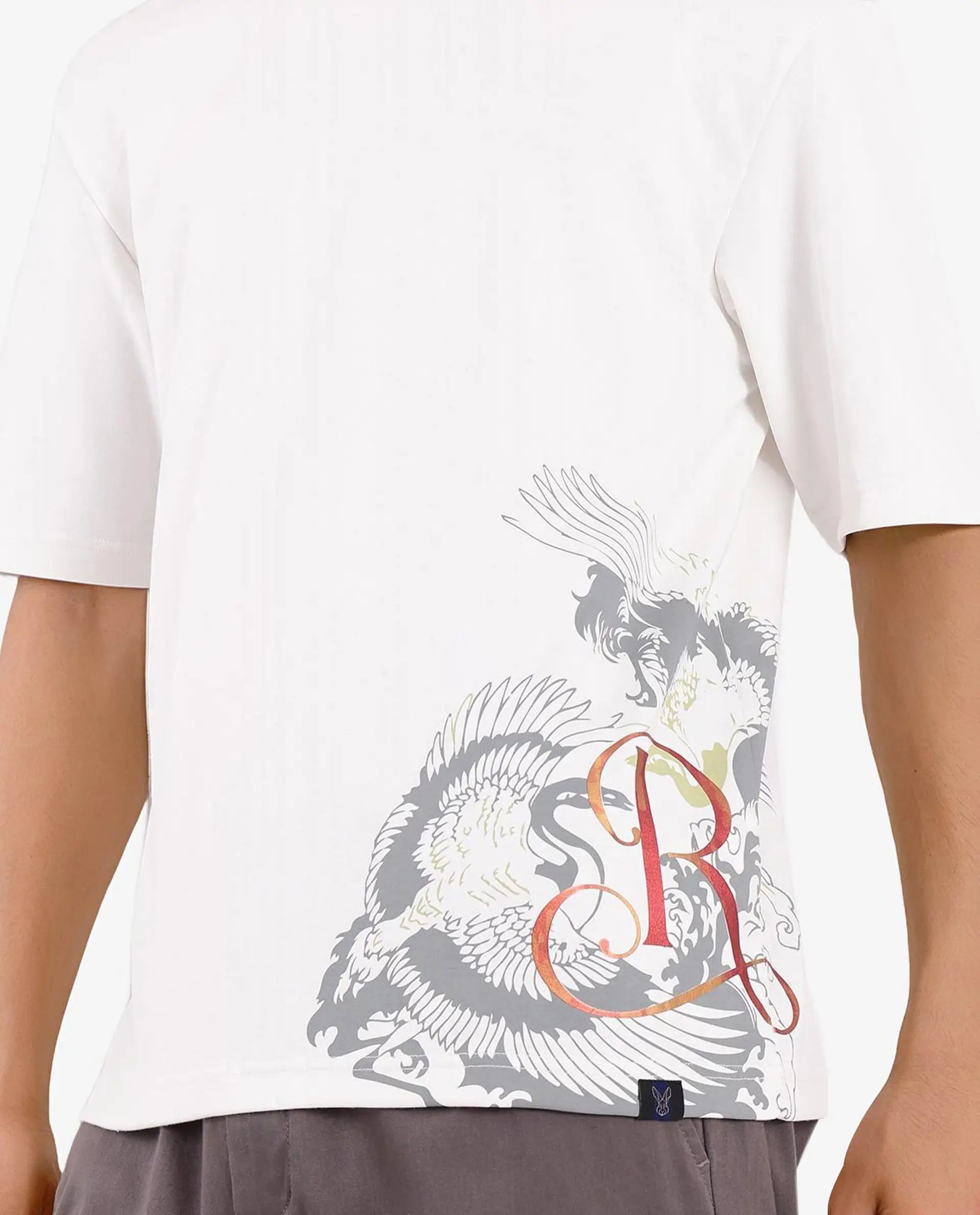 Rare Rabbit Men Bazy Off White Cotton Polyester Fabric Short Sleeve Crew Neck Graphic Print T-Shirt