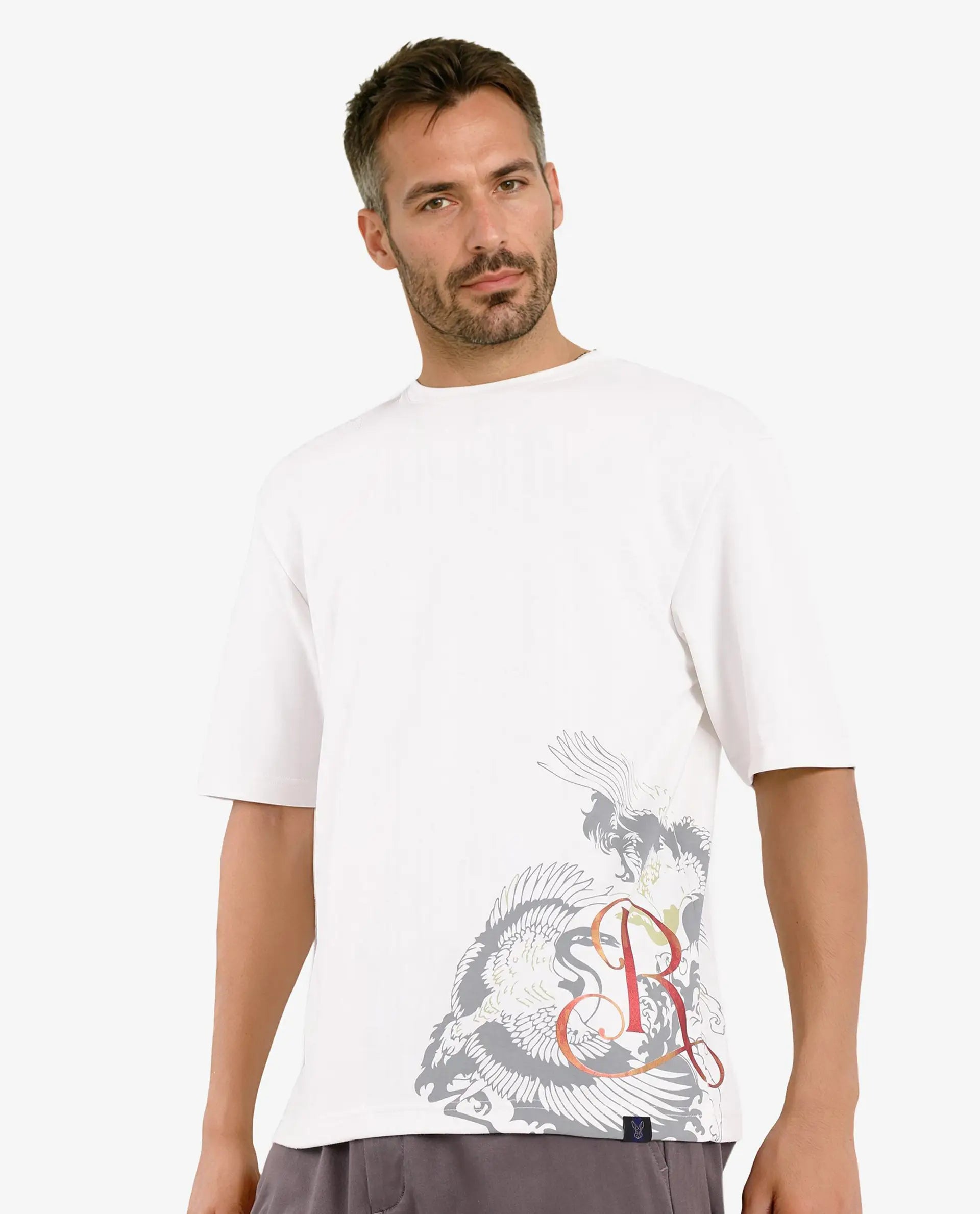 Rare Rabbit Men Bazy Off White Cotton Polyester Fabric Short Sleeve Crew Neck Graphic Print T-Shirt