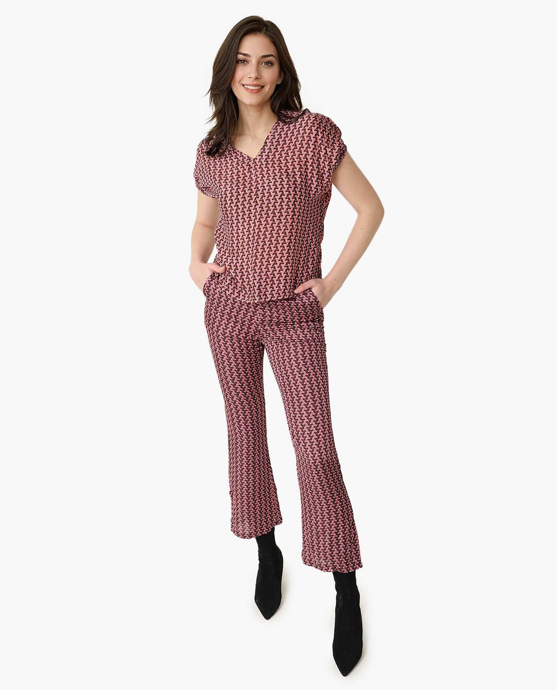 Rareism Womens Bea Maroon Top Cotton Silk Fabric Loose Fit Extended Sleeves V Neck