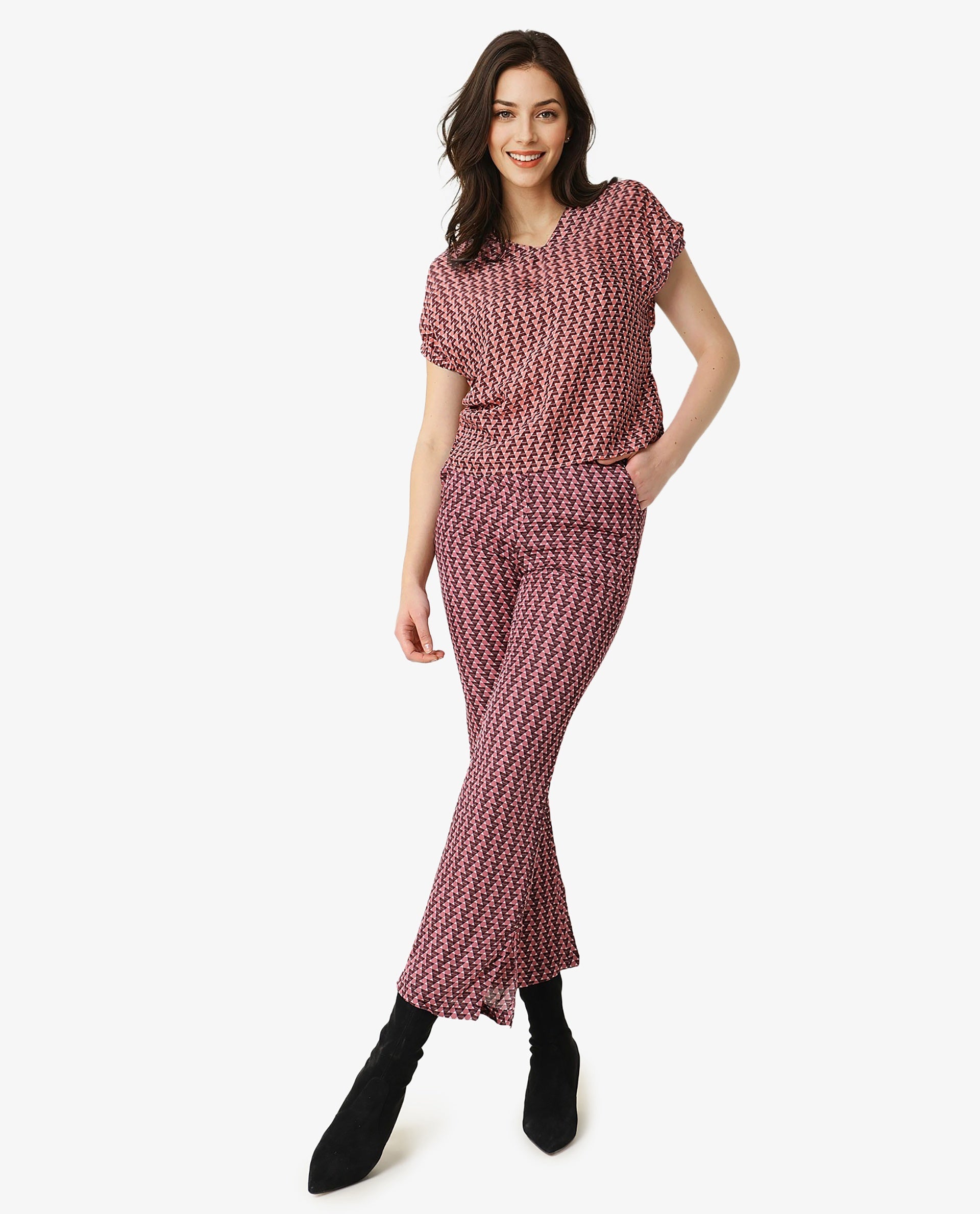 Rareism Womens Bea Maroon Top Cotton Silk Fabric Loose Fit Extended Sleeves V Neck