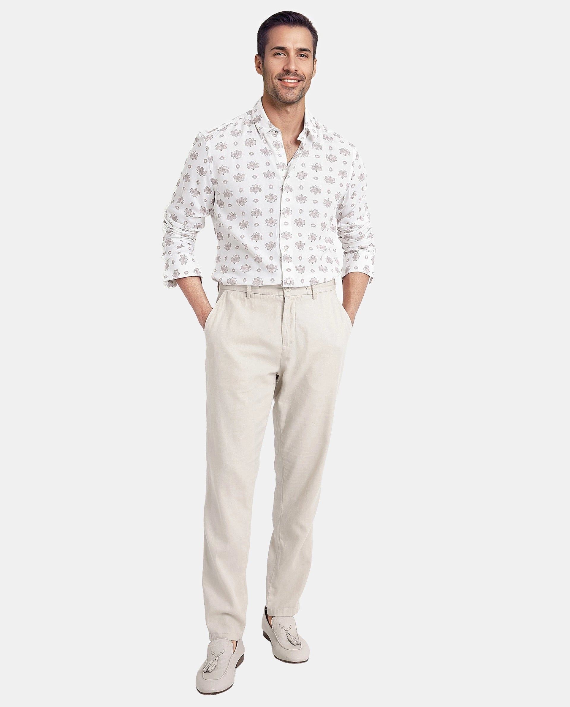 Rare Rabbit Men's Beauu White Viscose Fabric Full Sleeves Floral Print Shirt