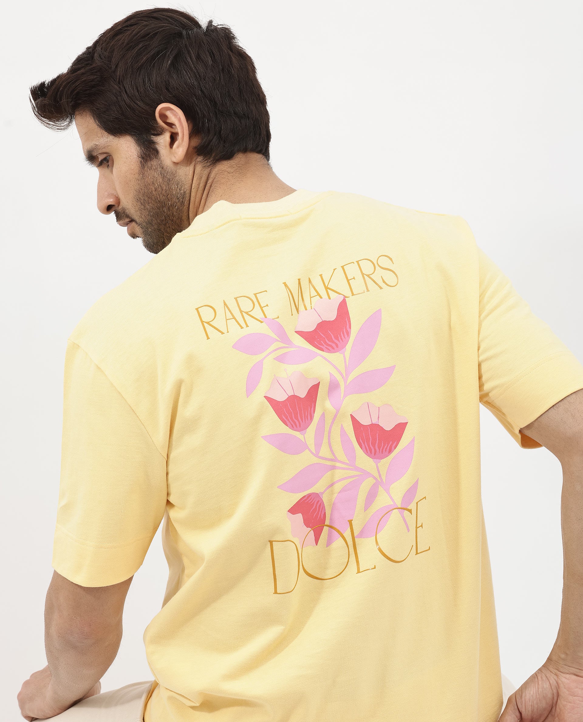 Rare Rabbit Articale Mens Beck Dusky Yellow Cotton Fabric Short Sleeve Crew Neck Oversized Fit Graphic Printed T-Shirt