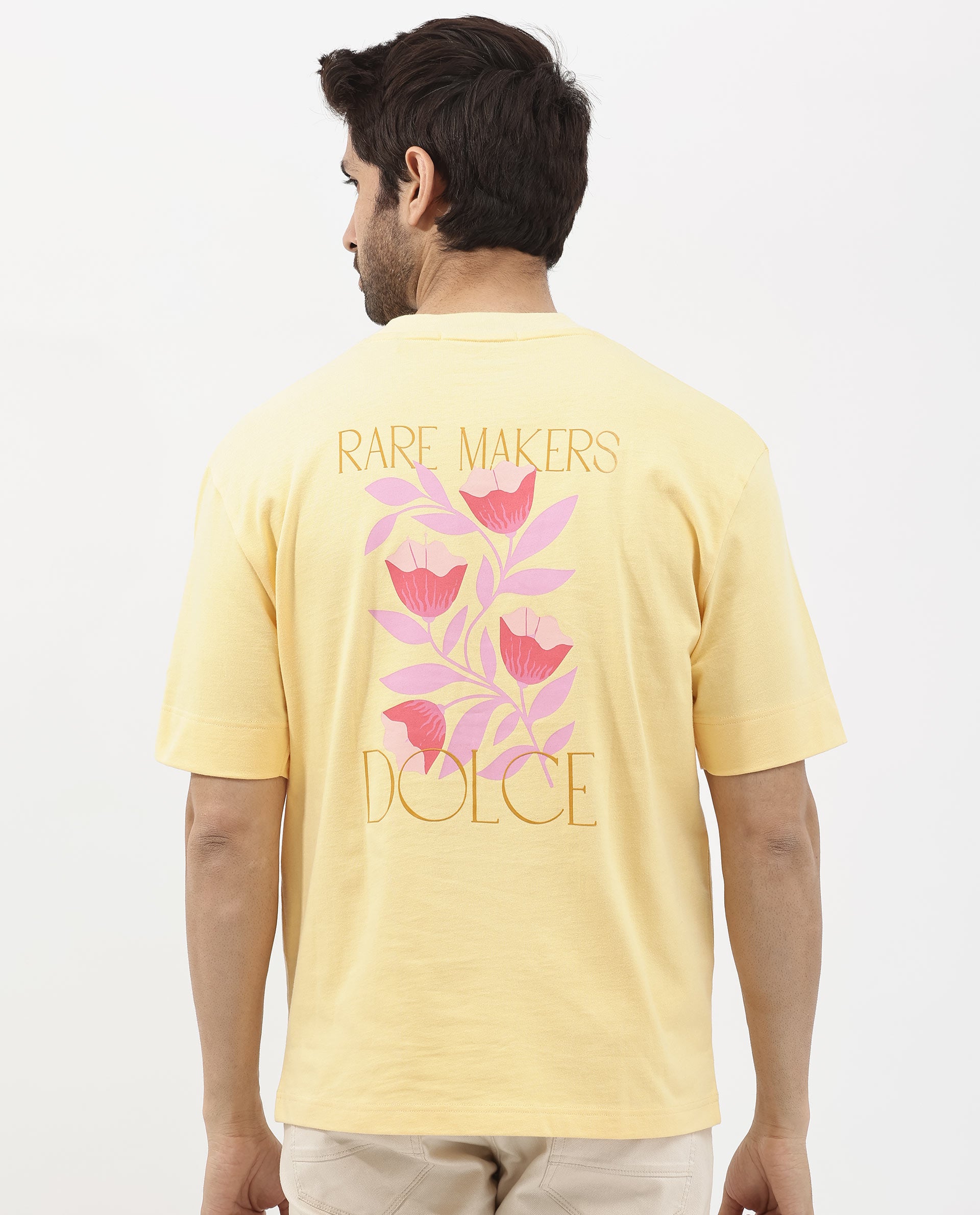 Rare Rabbit Articale Mens Beck Dusky Yellow Cotton Fabric Short Sleeve Crew Neck Oversized Fit Graphic Printed T-Shirt