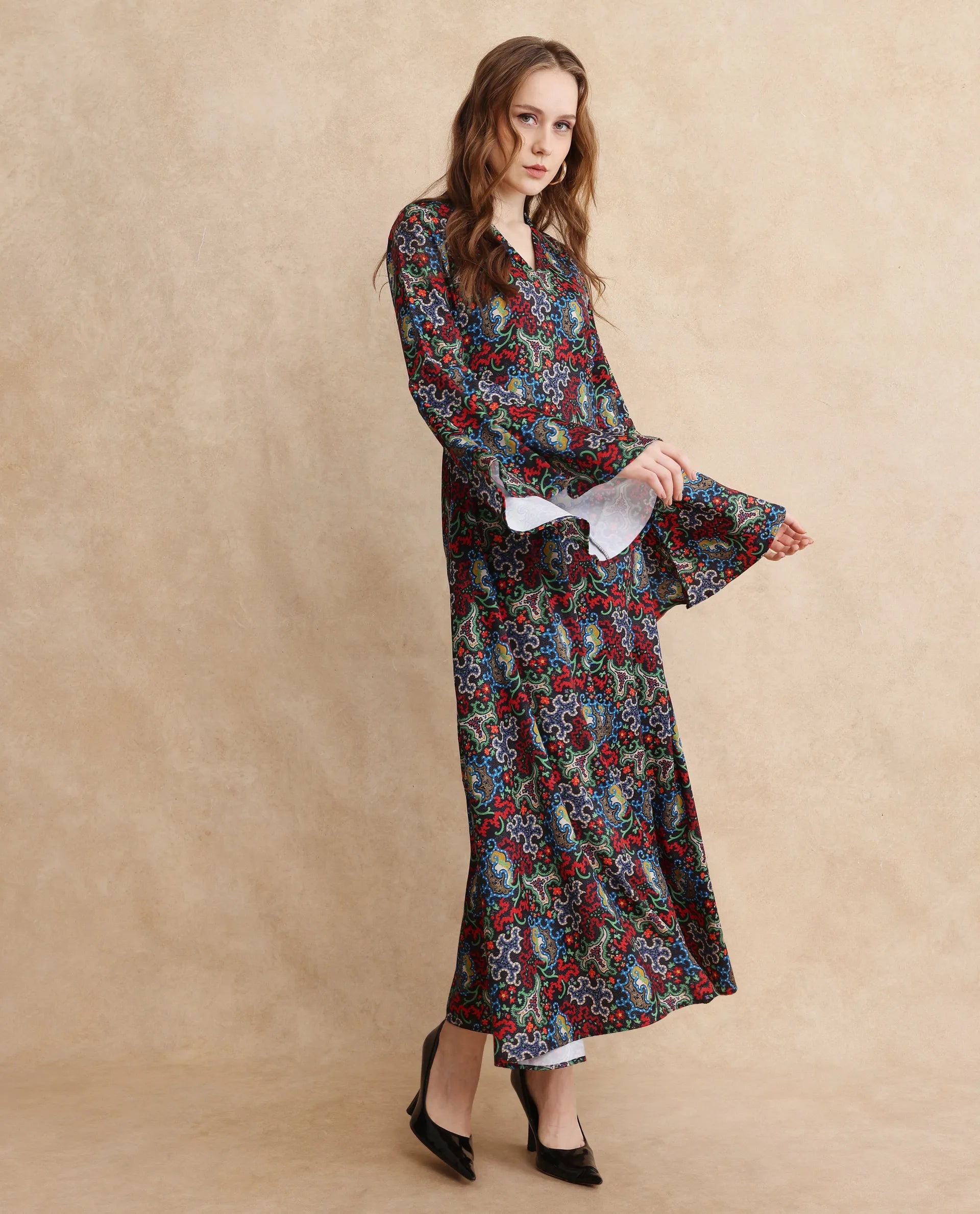 Rareism Women's Bedx Dark Multi V-Neck Zipper Closure Bell Sleeve Abstract Fit And Flare Maxi Dress